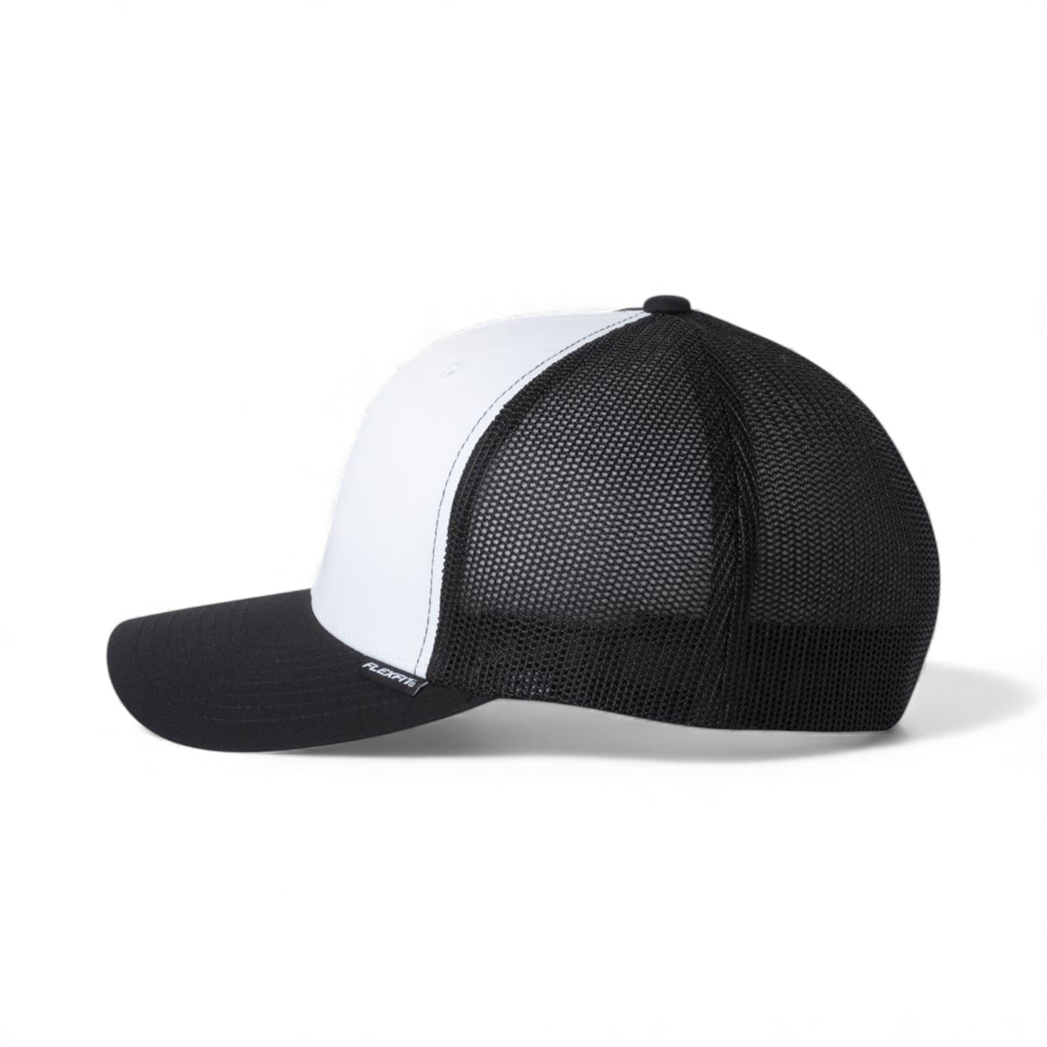 Left side view of Flexfit 6511 custom hat in black, white and black