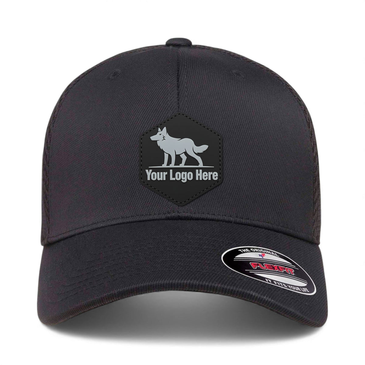 PVC patch preview of Flexfit 6533 custom hat in black