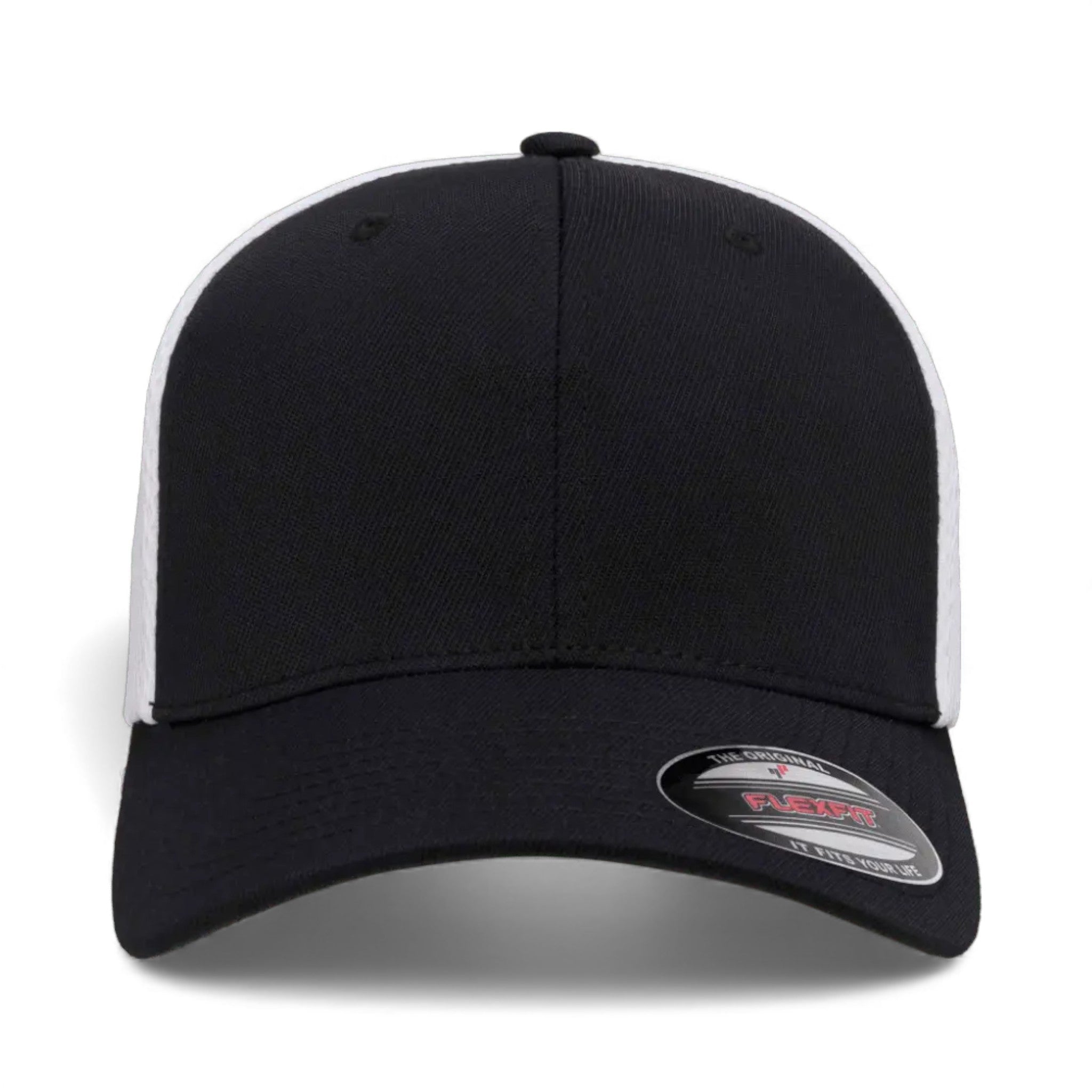 Front view of Flexfit 6533 custom hat in black and white
