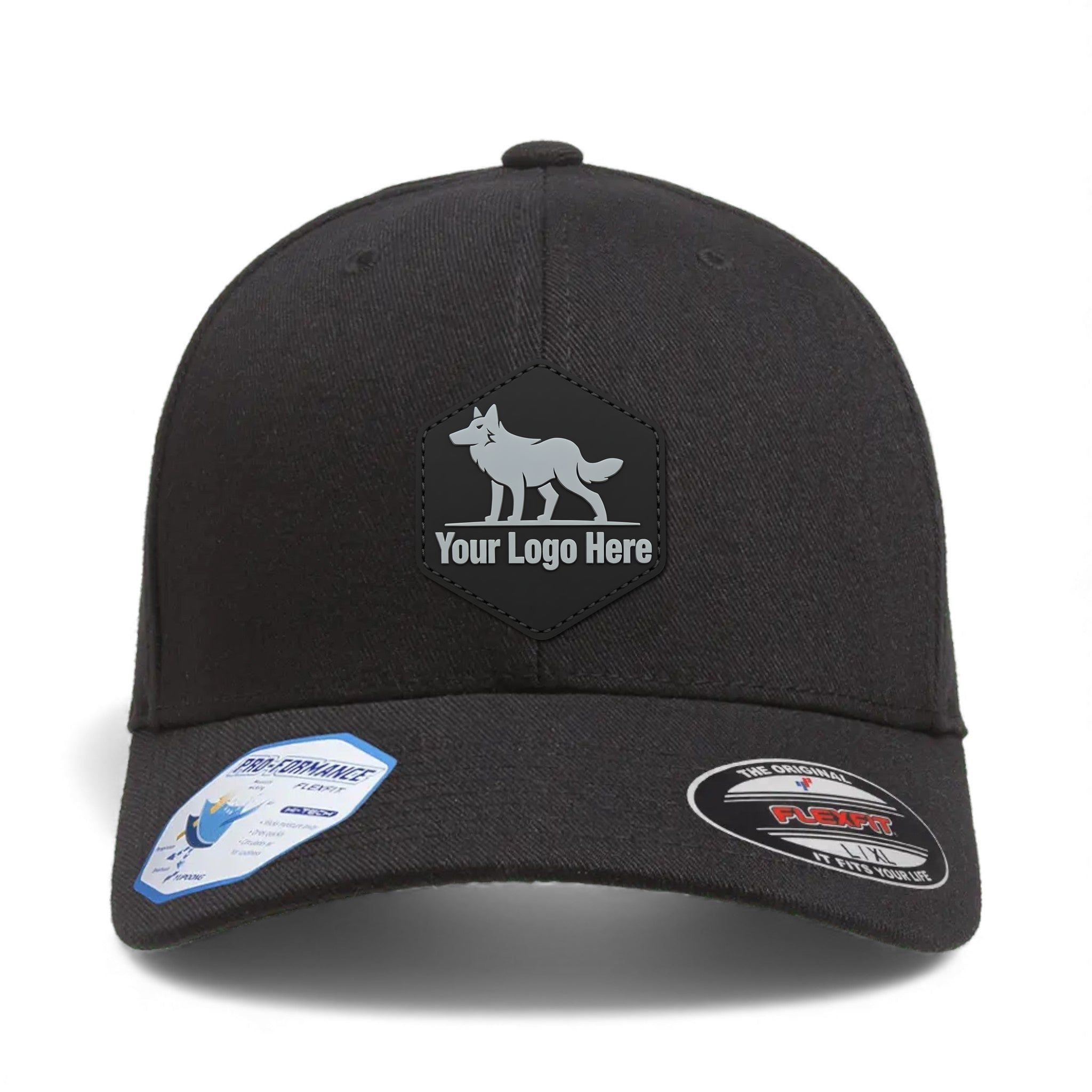 PVC patch preview of Flexfit 6580 custom hat in black