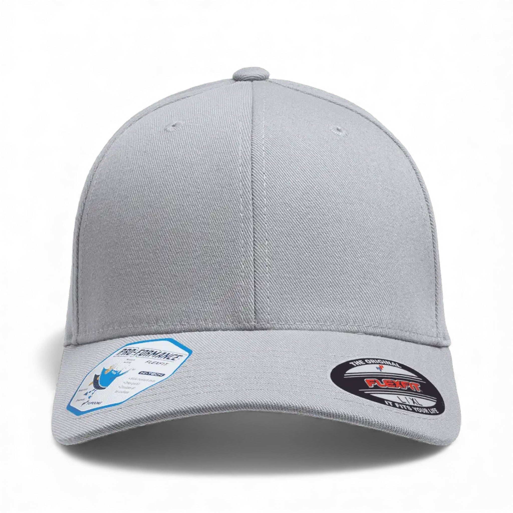 Front view of Flexfit 6580 custom hat in grey