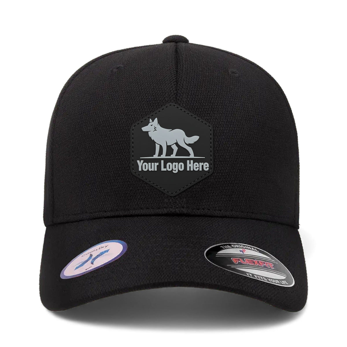 PVC patch preview of Flexfit 6597 custom hat in black