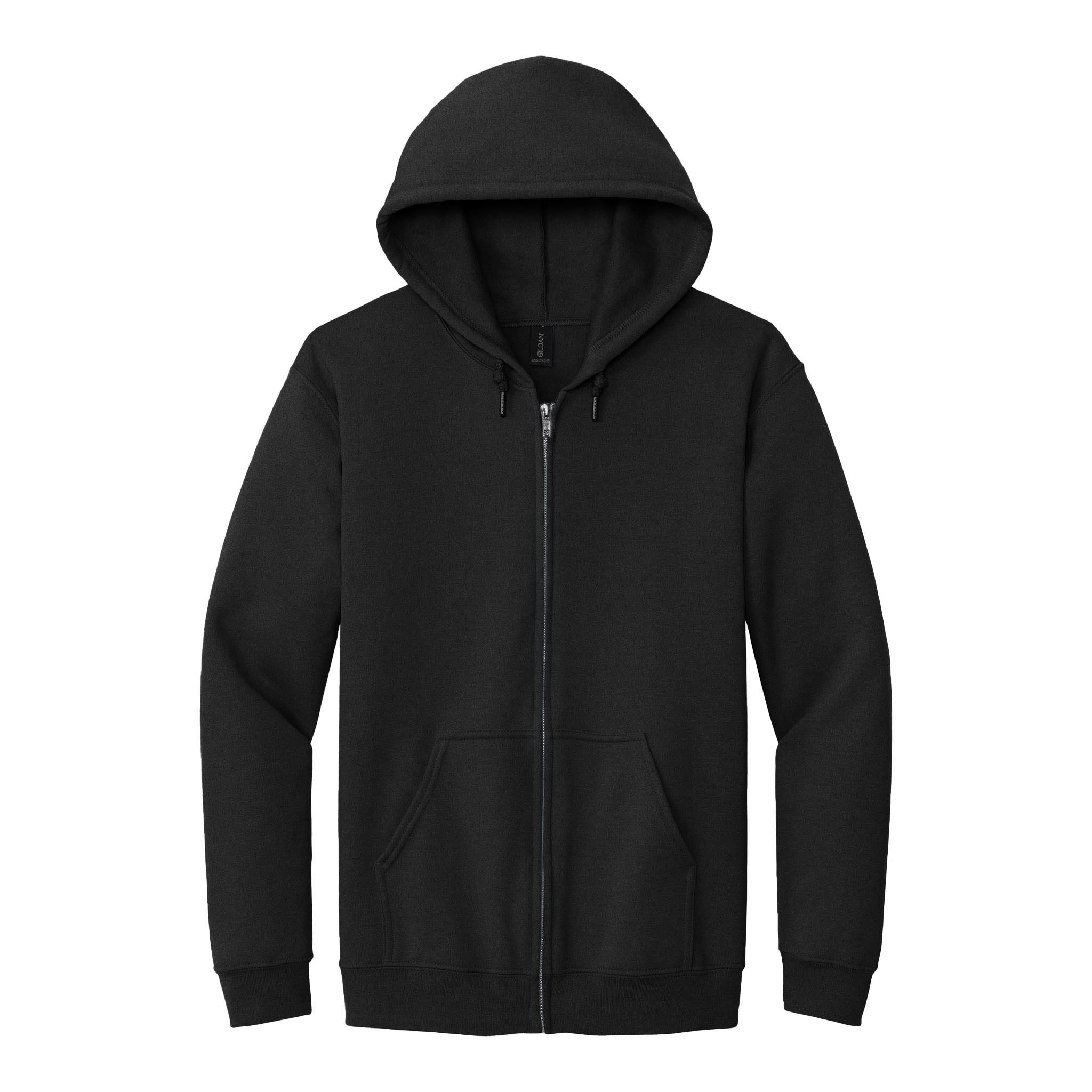 Gildan 18600 custom full-zip hoodie in black, front view