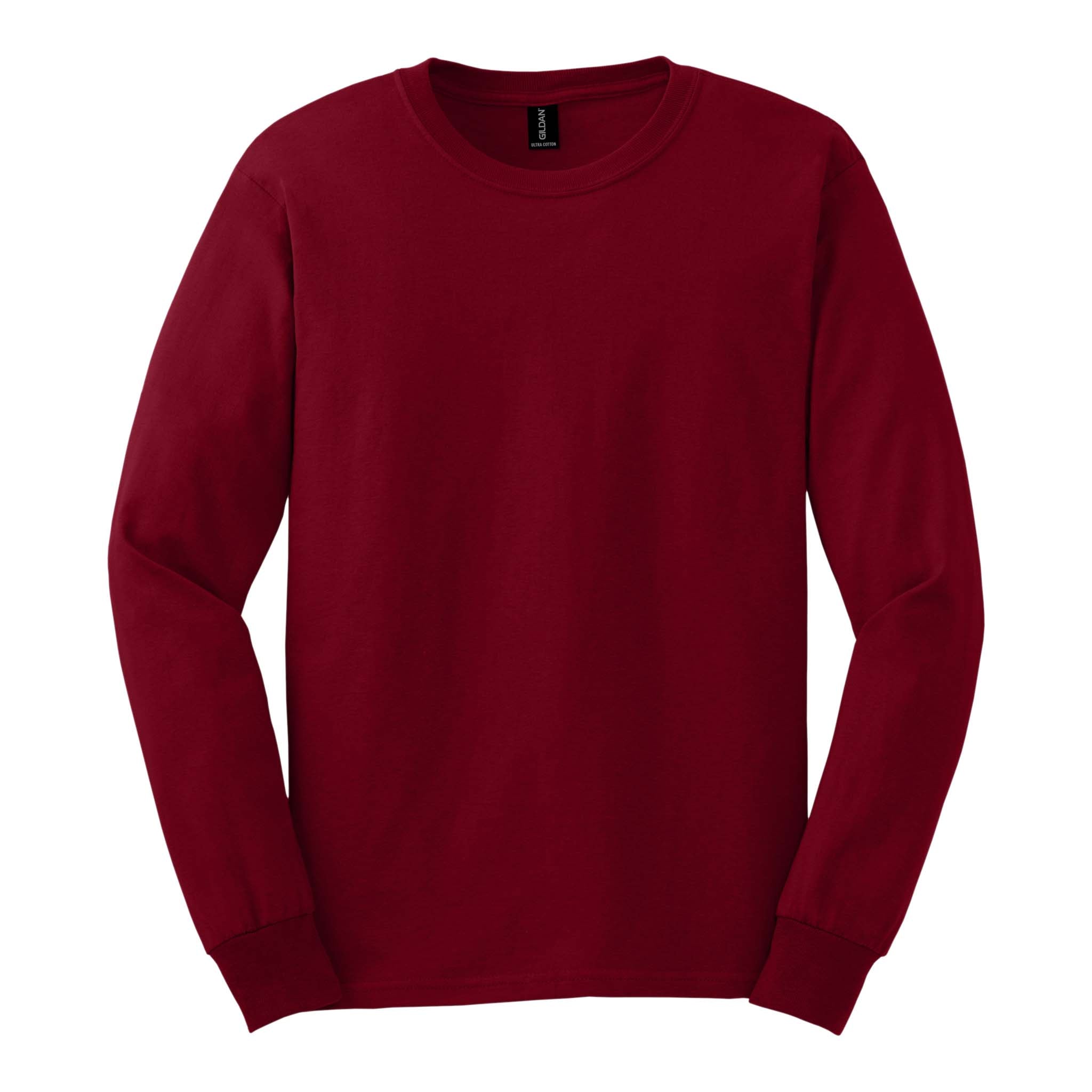 Gildan 2400 custom long sleeve t-shirt in cardinal red, front view