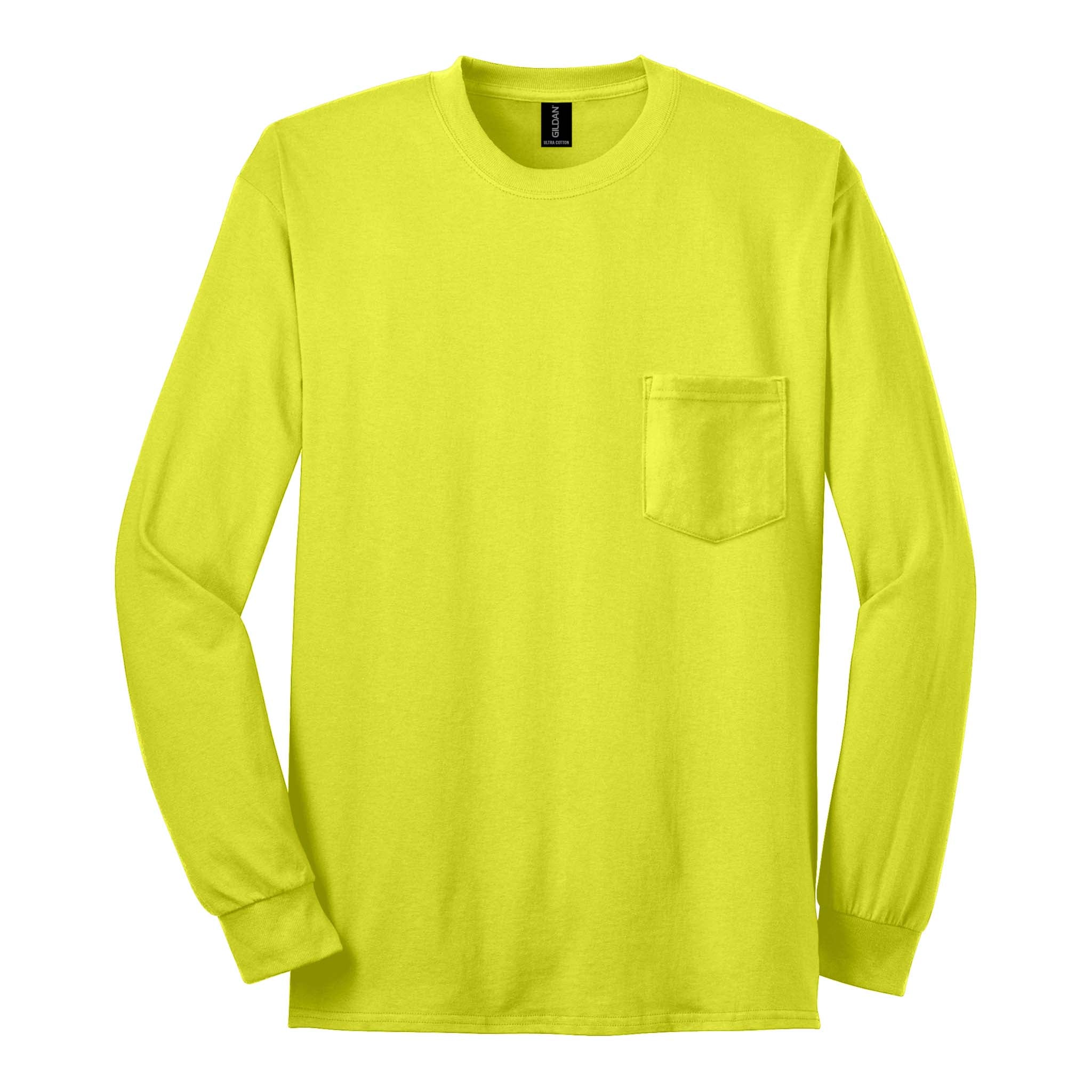 Gildan 2410 custom long sleeve t-shirt in safety green, front view