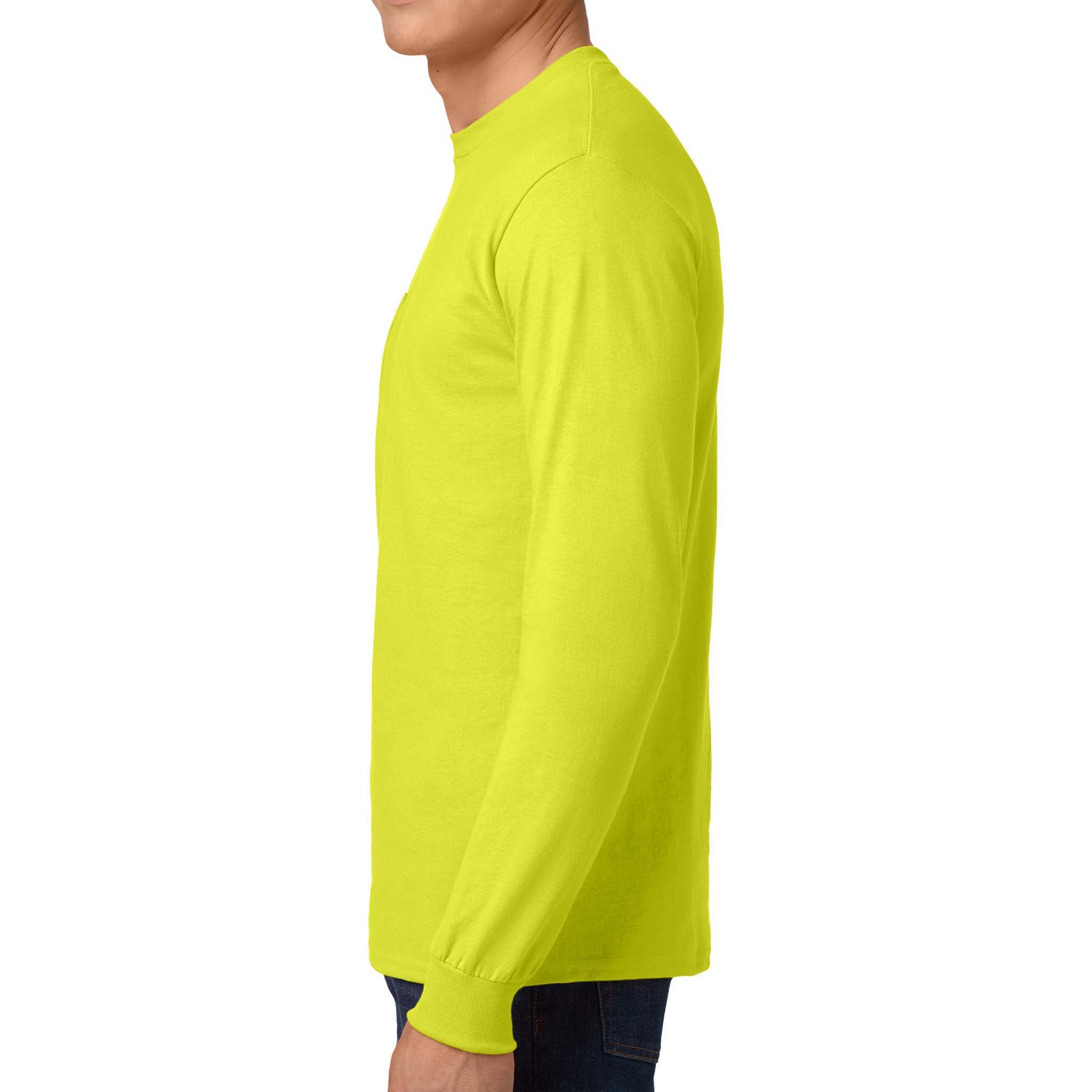 Gildan 2410 custom long sleeve t-shirt in safety green, left side view