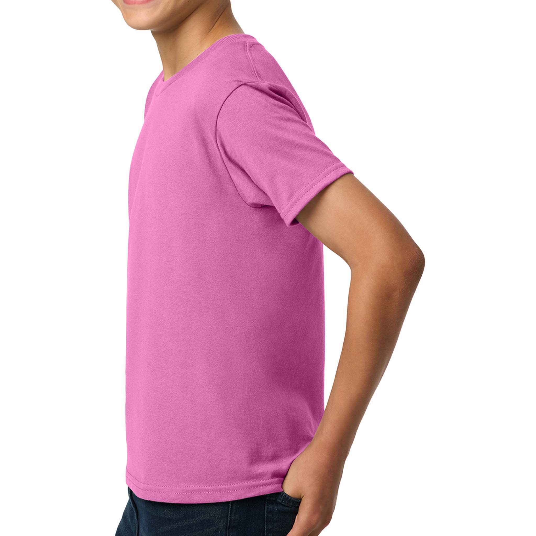 Gildan 5000B custom short sleeve t-shirt in azalea, left side view