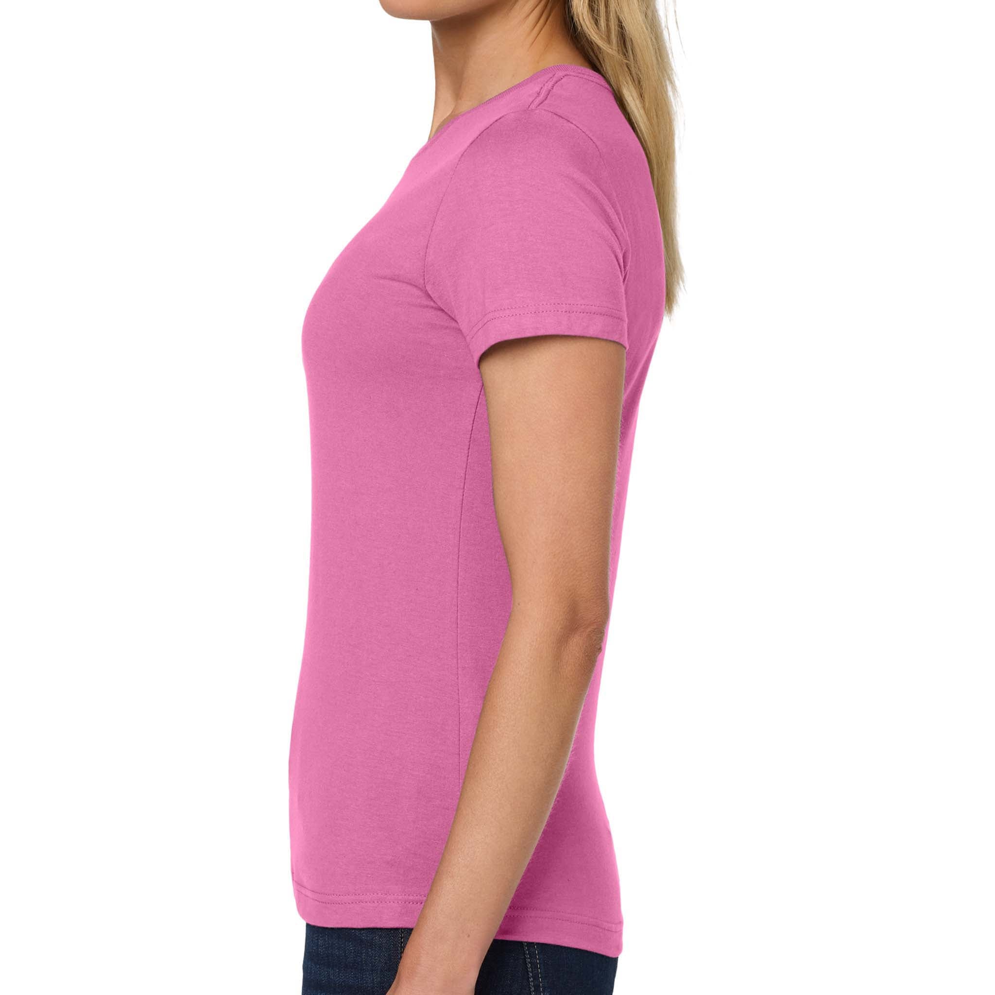 Gildan 64000L custom short sleeve t-shirt in azalea, left side view