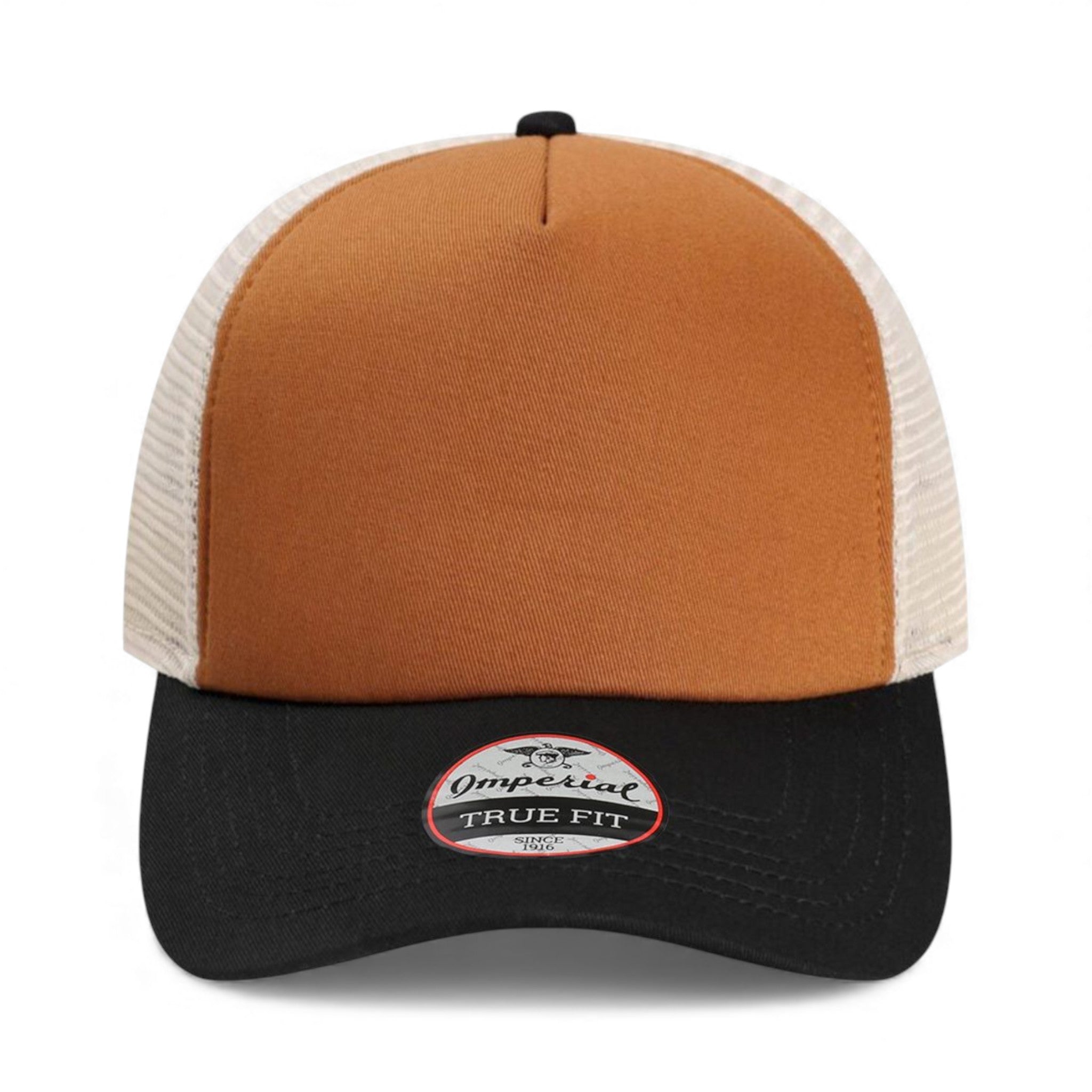 Front view of Imperial 1287 custom hat in buckthorn brown, black and stone