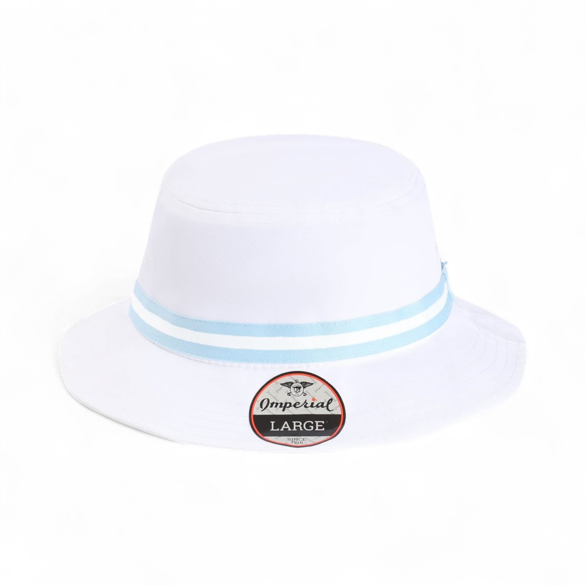 Front view of Imperial 1371P custom hat in white and light blue