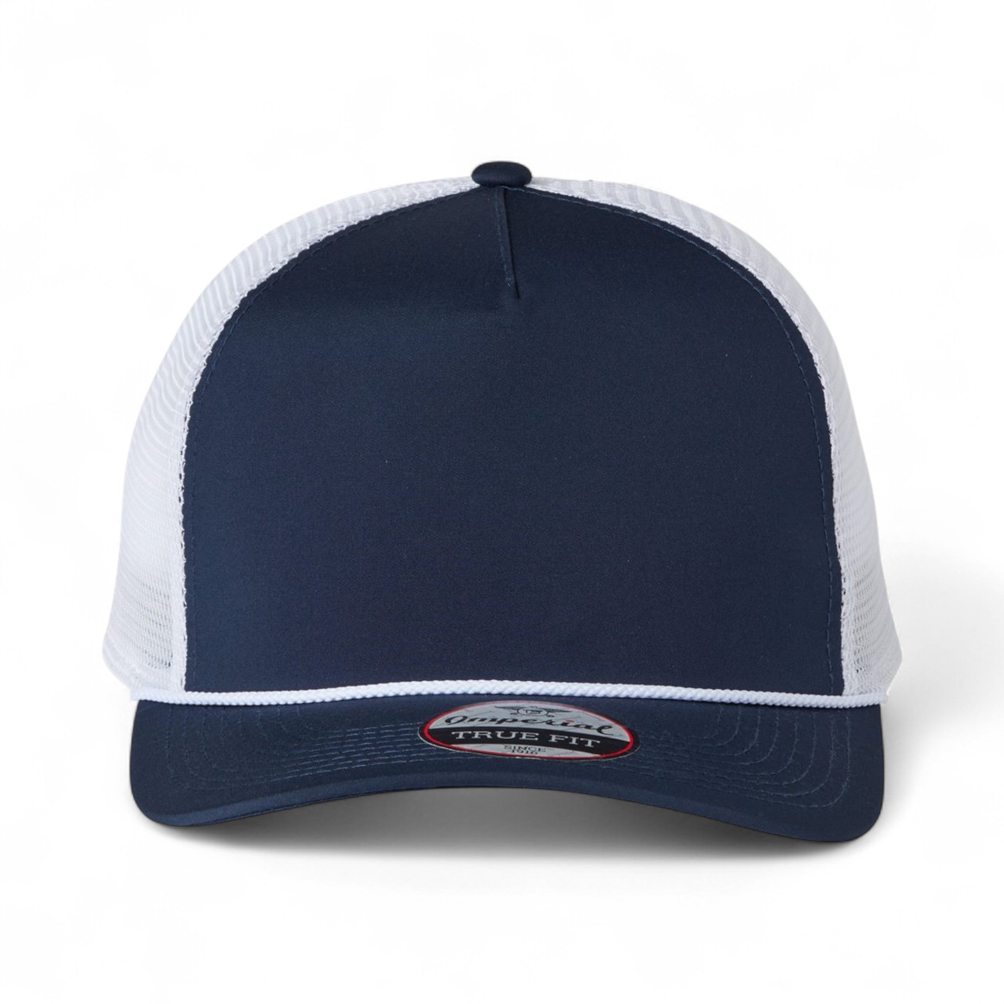 Front view of Imperial 5055 custom hat in navy, white and white