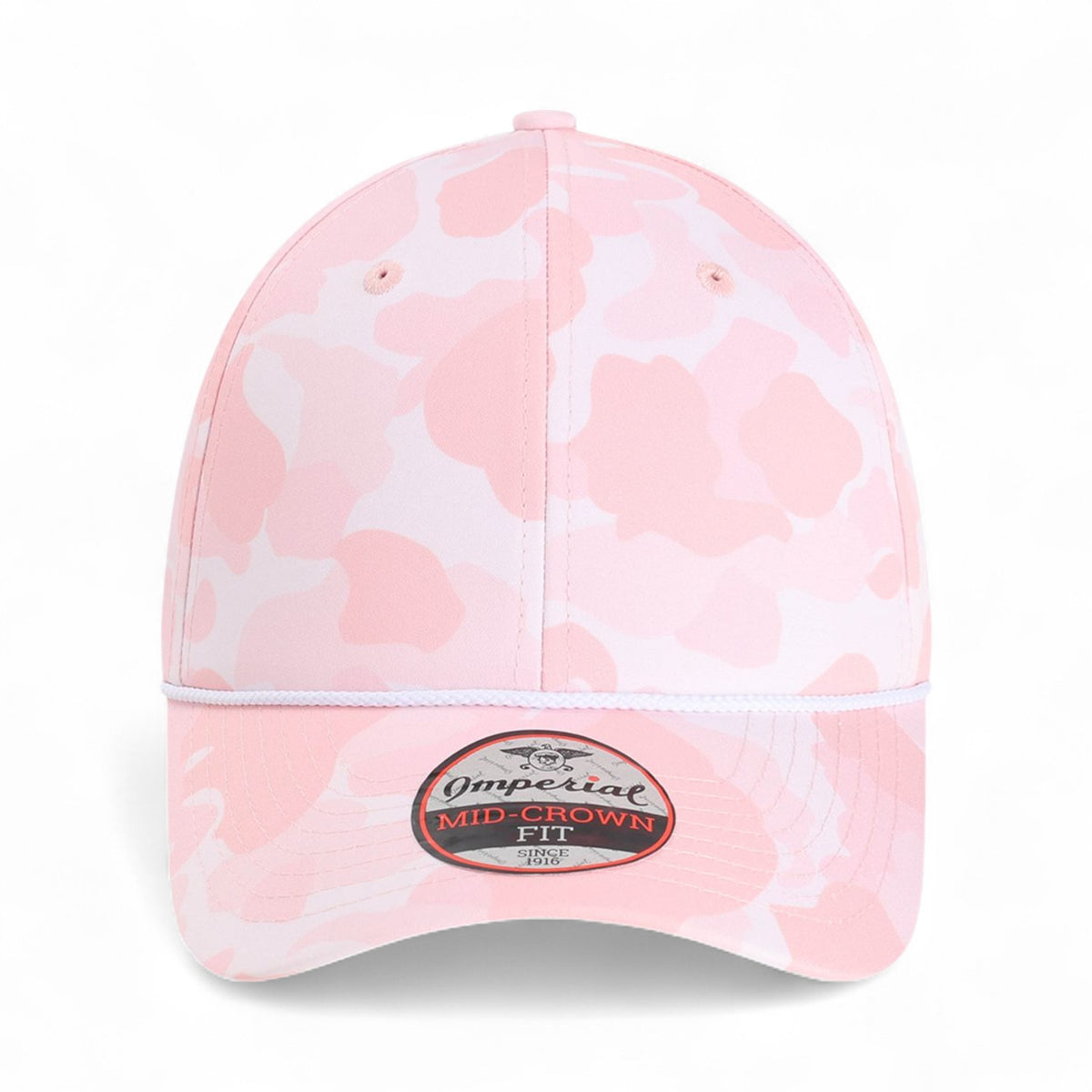 Front view of Imperial 5058 custom hat in frog skin camo light pink