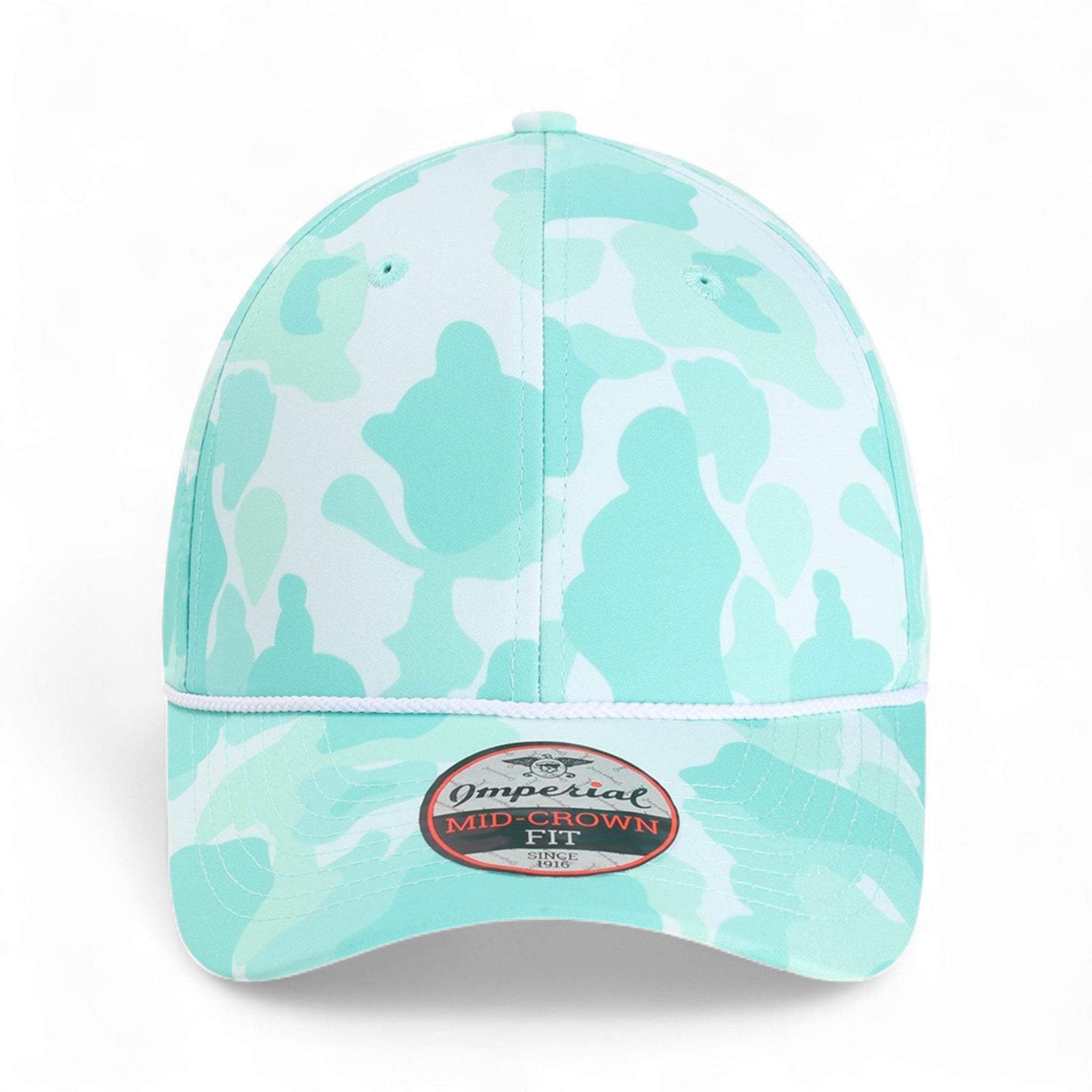 Front view of Imperial 5058 custom hat in frog skin camo aqua