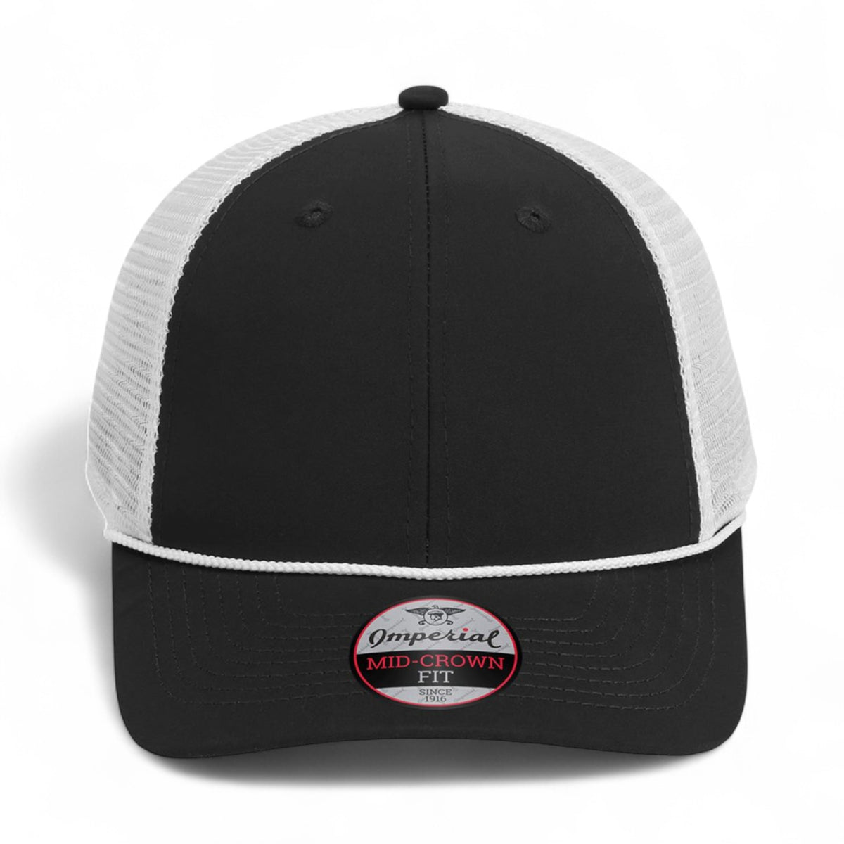 Front view of Imperial 7055 custom hat in black and white