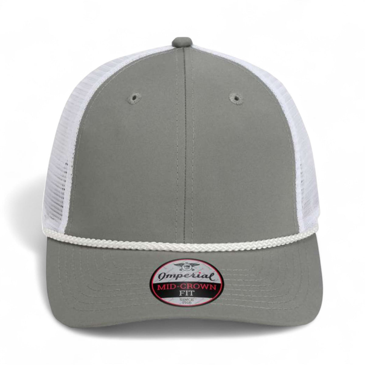 Front view of Imperial 7055 custom hat in grey and white
