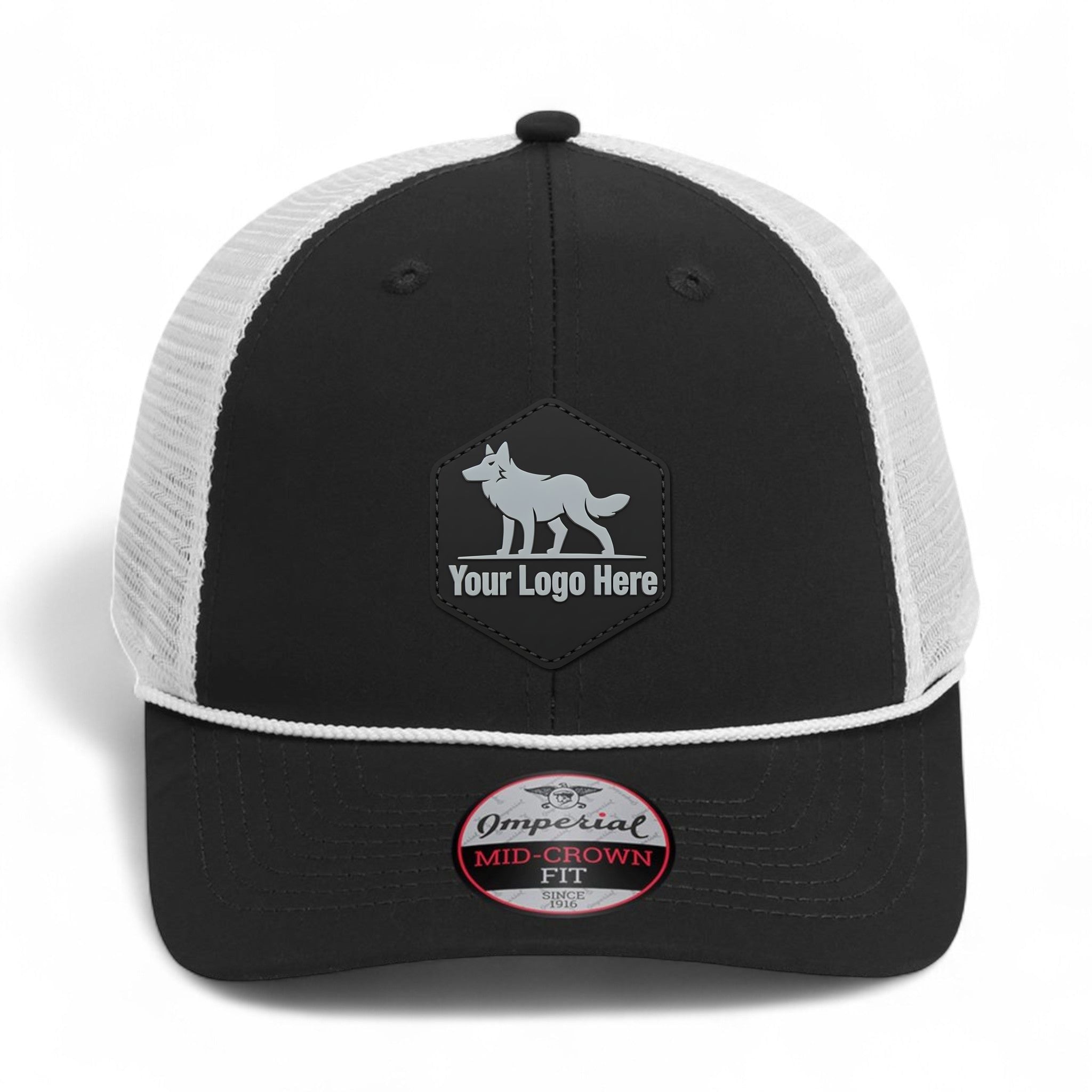 PVC patch preview of Imperial 7055 custom hat in black and white