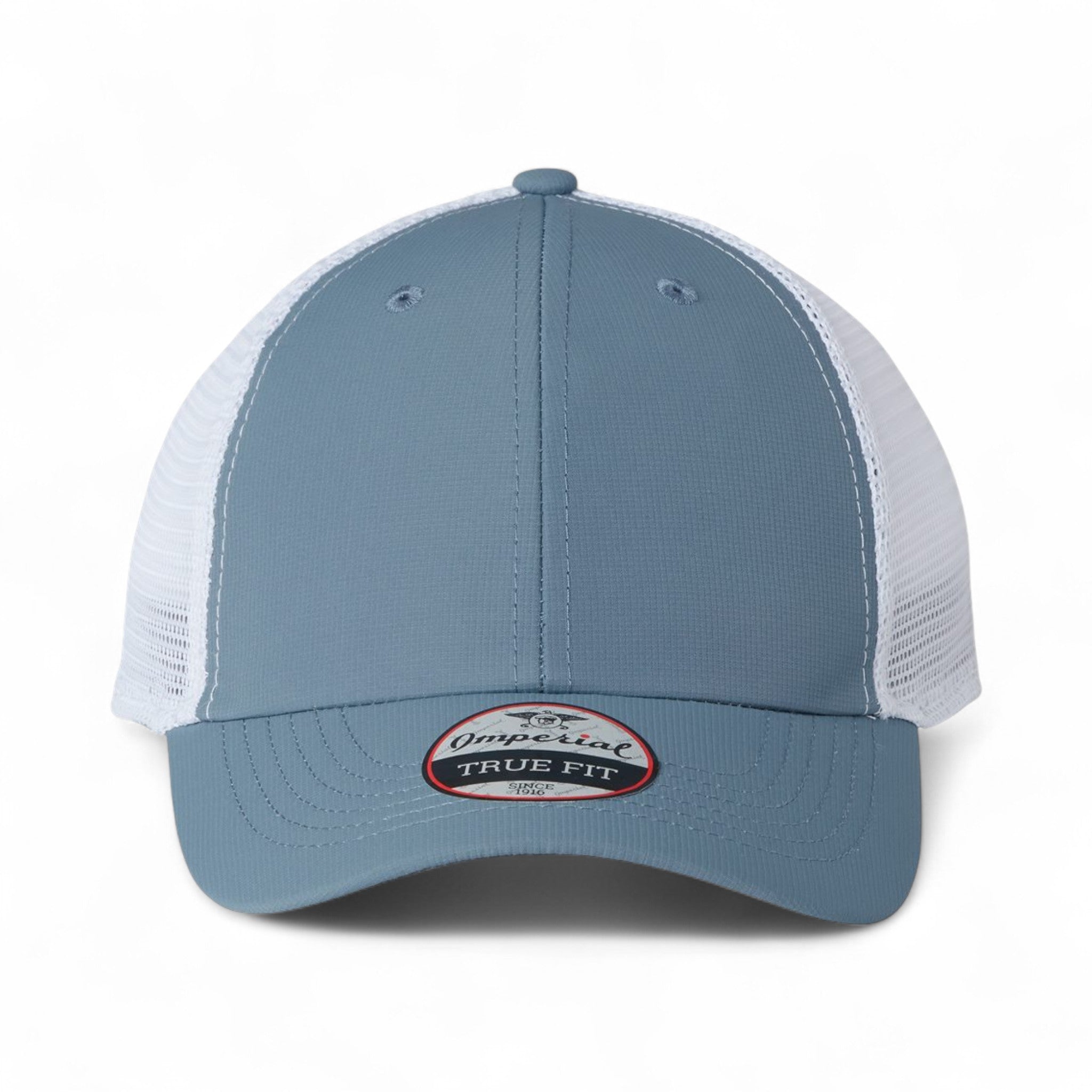 Front view of Imperial X210SM custom hat in breaker blue and white