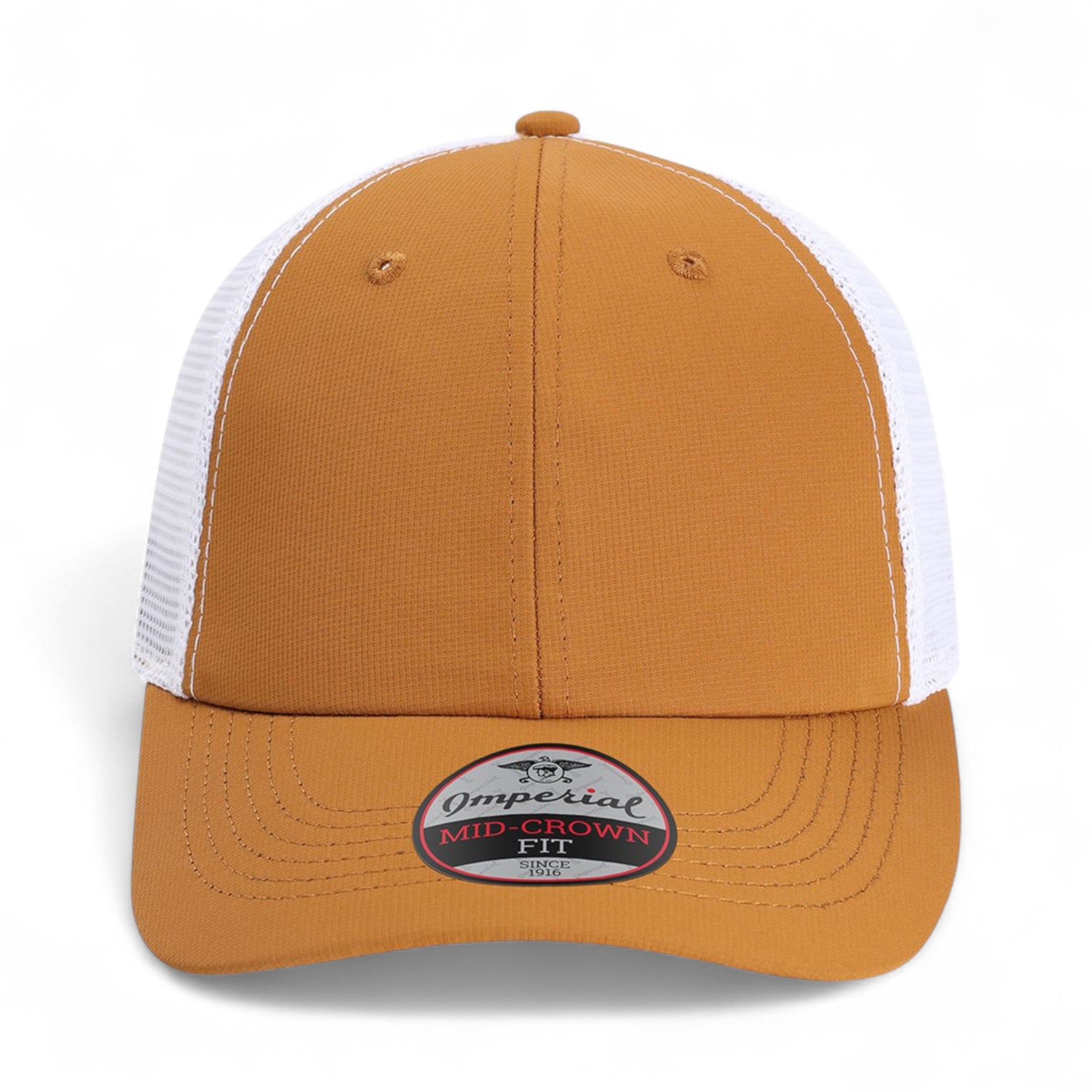 Front view of Imperial X210SM custom hat in buckthorn brown and white
