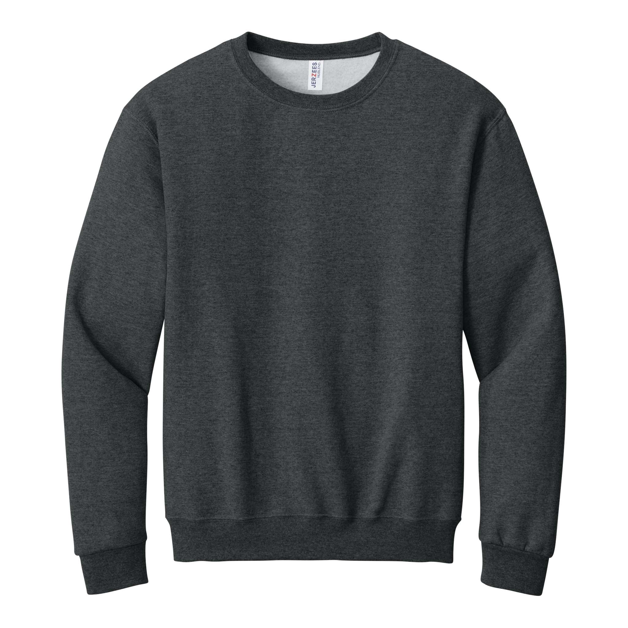 Jerzees 562MR custom crewneck in black heather, front view