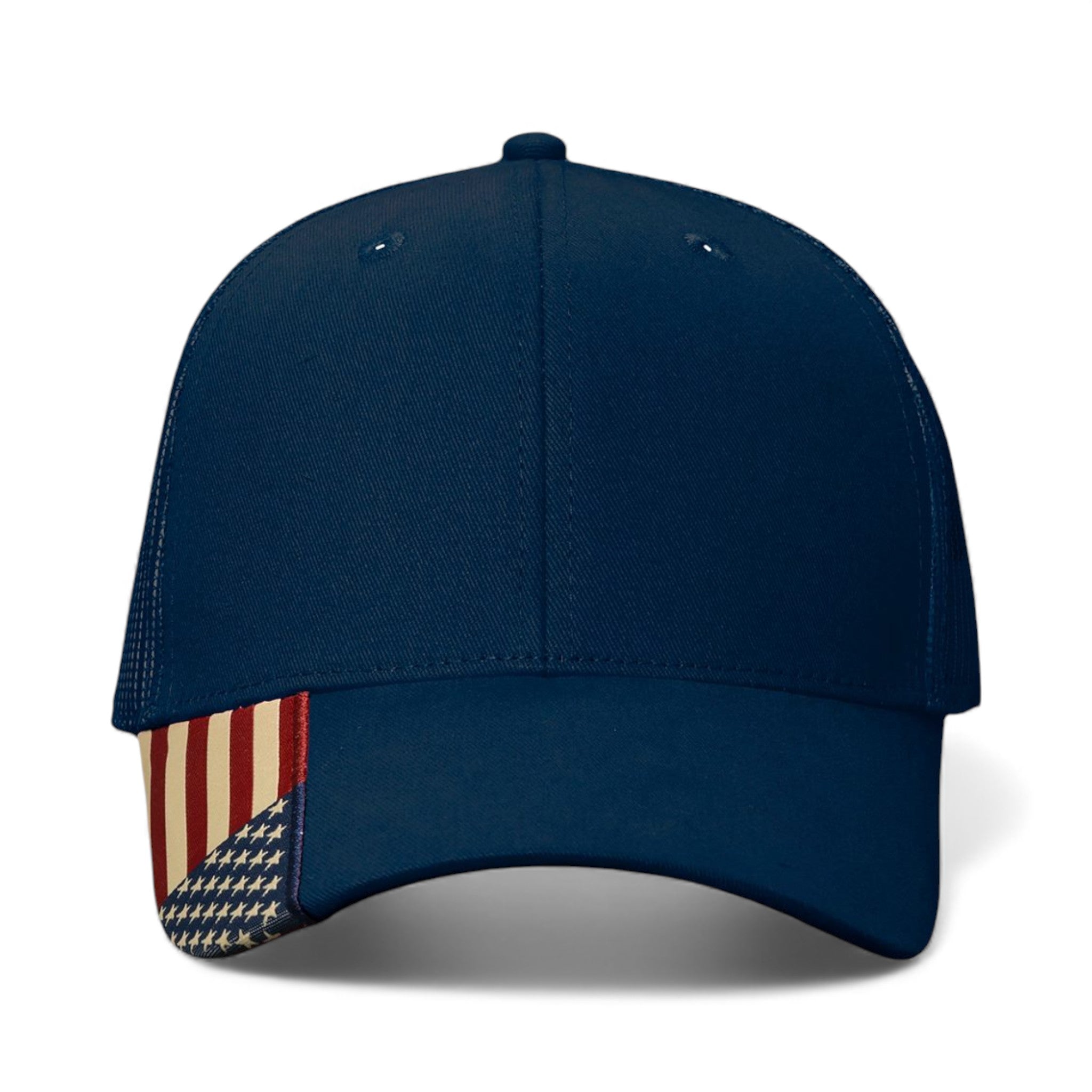 Front view of Kati AM350M custom hat in navy and usa mesh