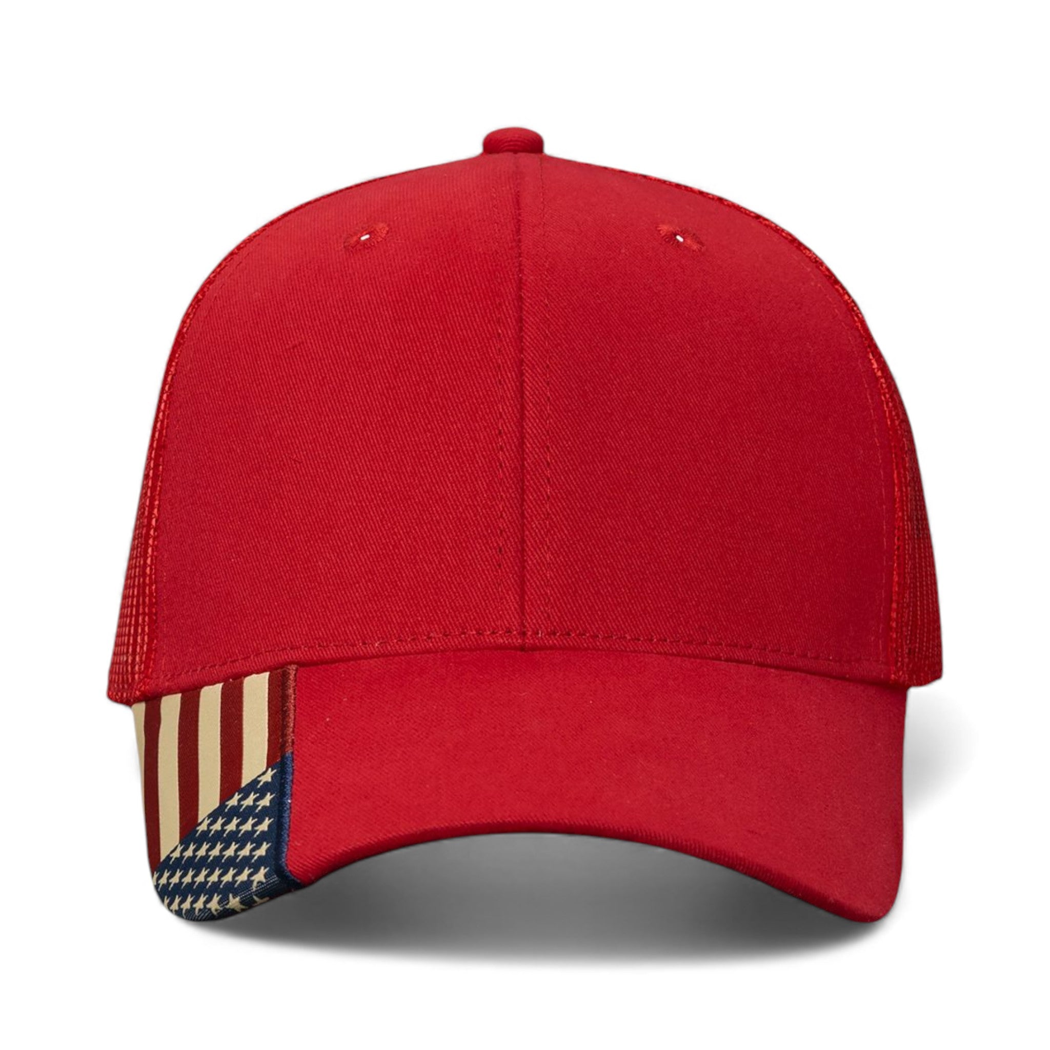 Front view of Kati AM350M custom hat in red and usa mesh