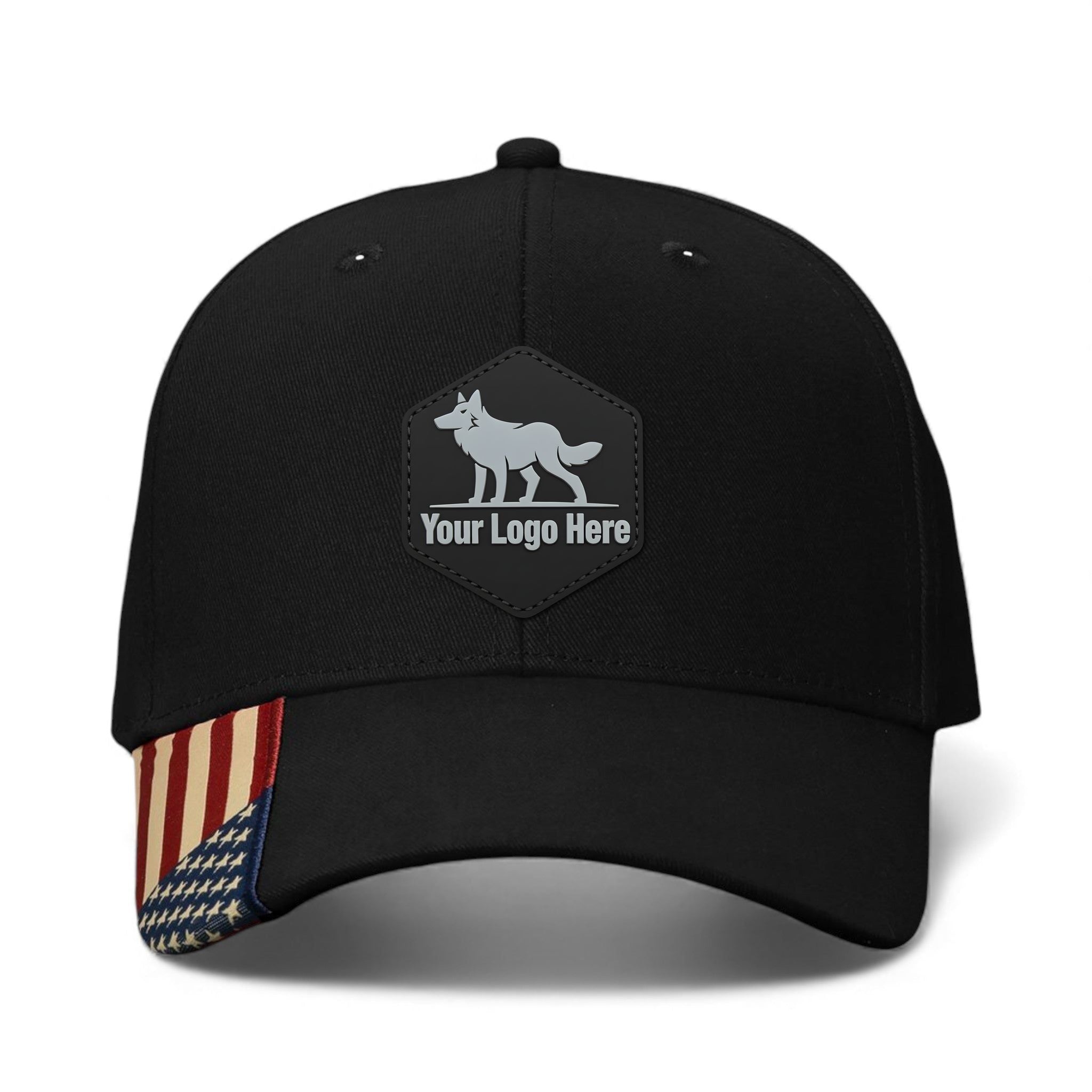PVC patch preview of Kati AM350 custom hat in black and usa