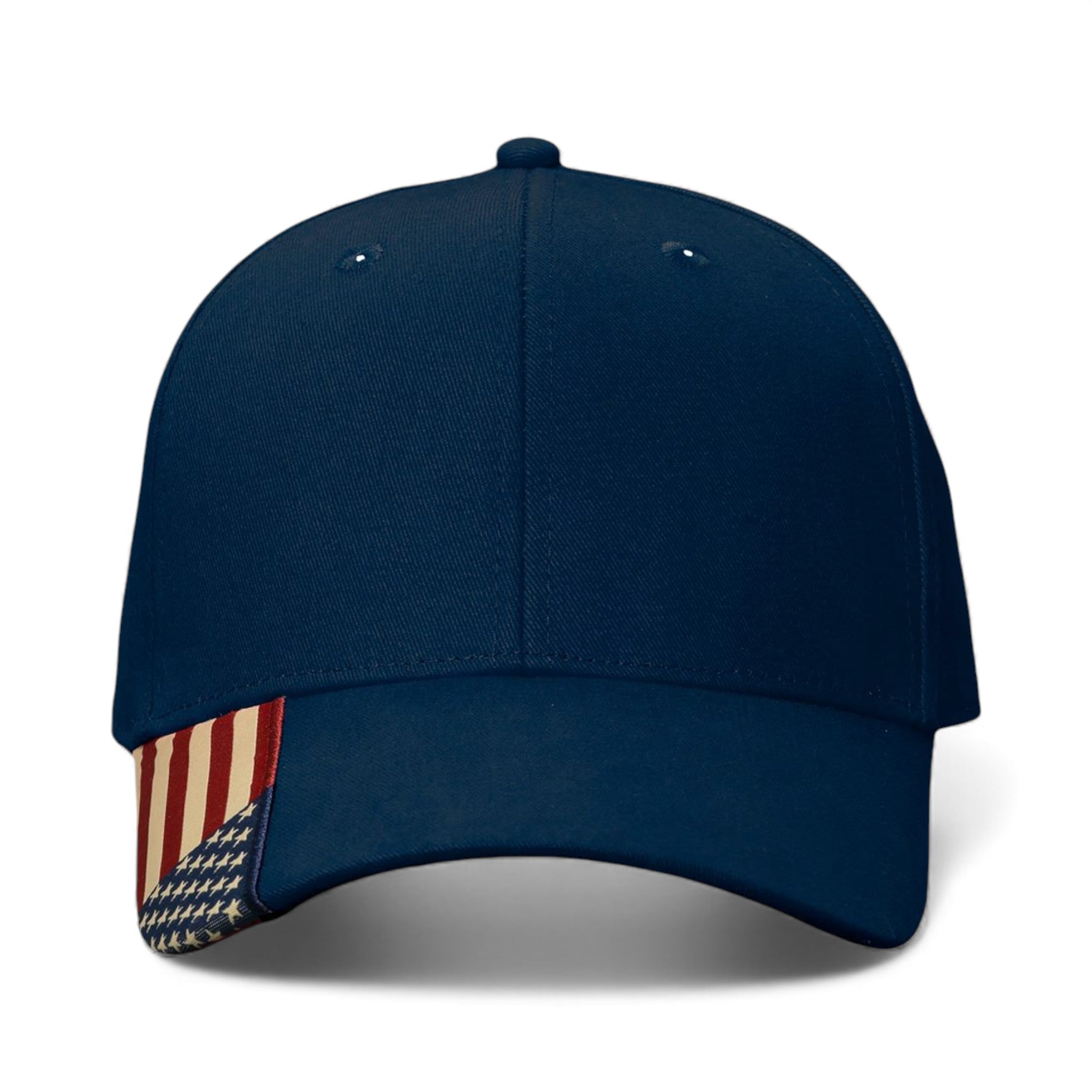 Front view of Kati AM350 custom hat in navy and usa