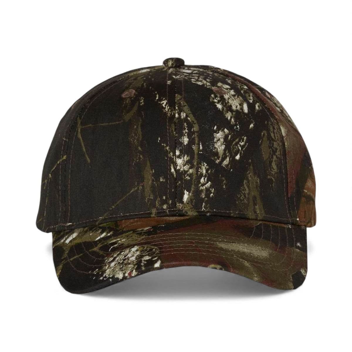 Front view of Kati LC15V custom hat in mossy oak breakup
