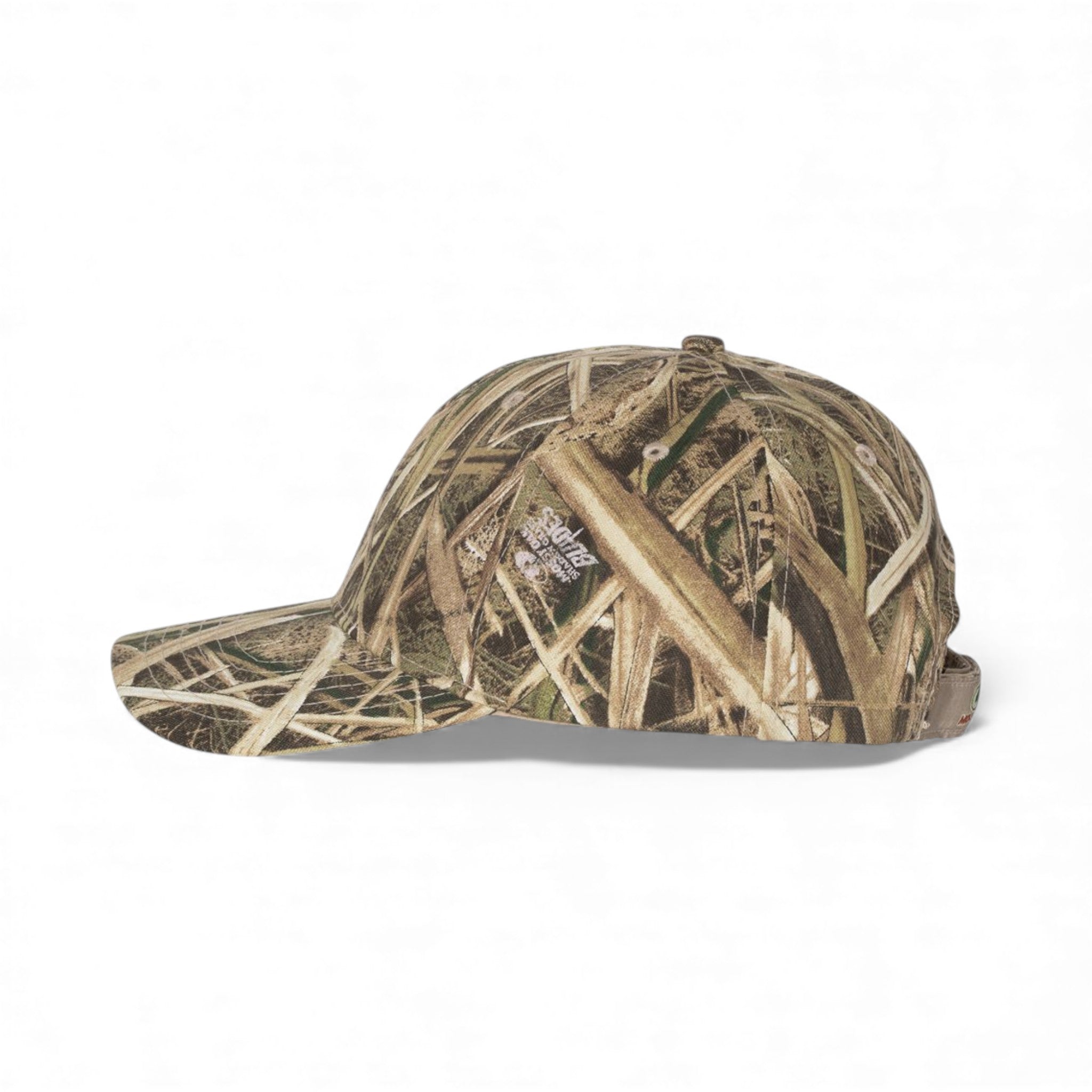 Left side view of Kati LC15V custom hat in mossy oak shadow grass