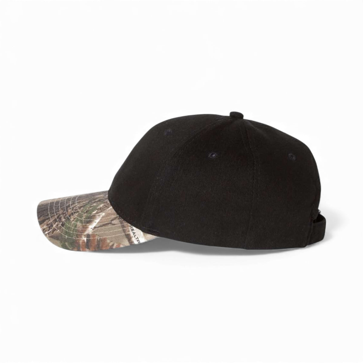 Left side view of Kati LC25 custom hat in black and realtree ap