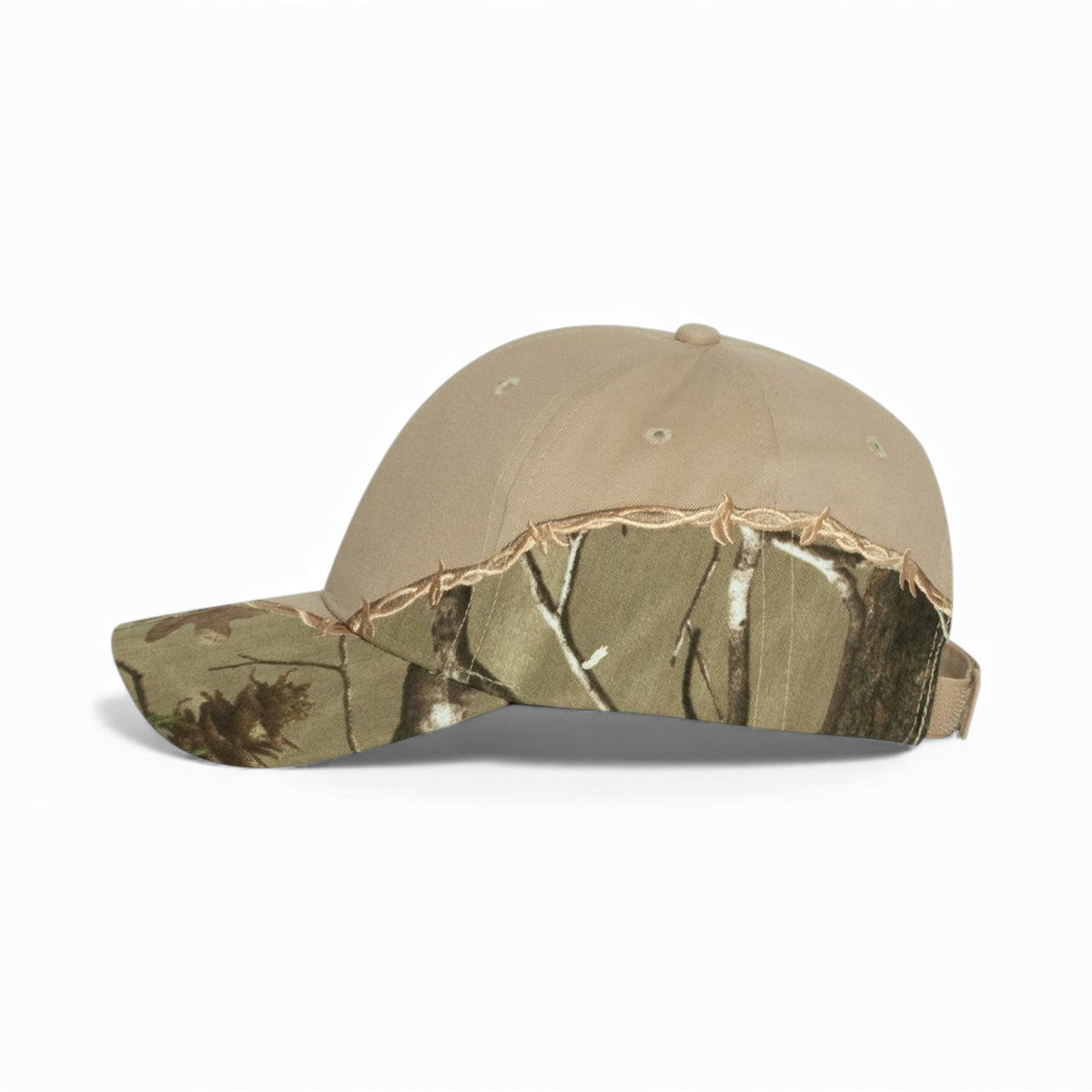 Left side view of Kati LC4BW custom hat in ap and tan