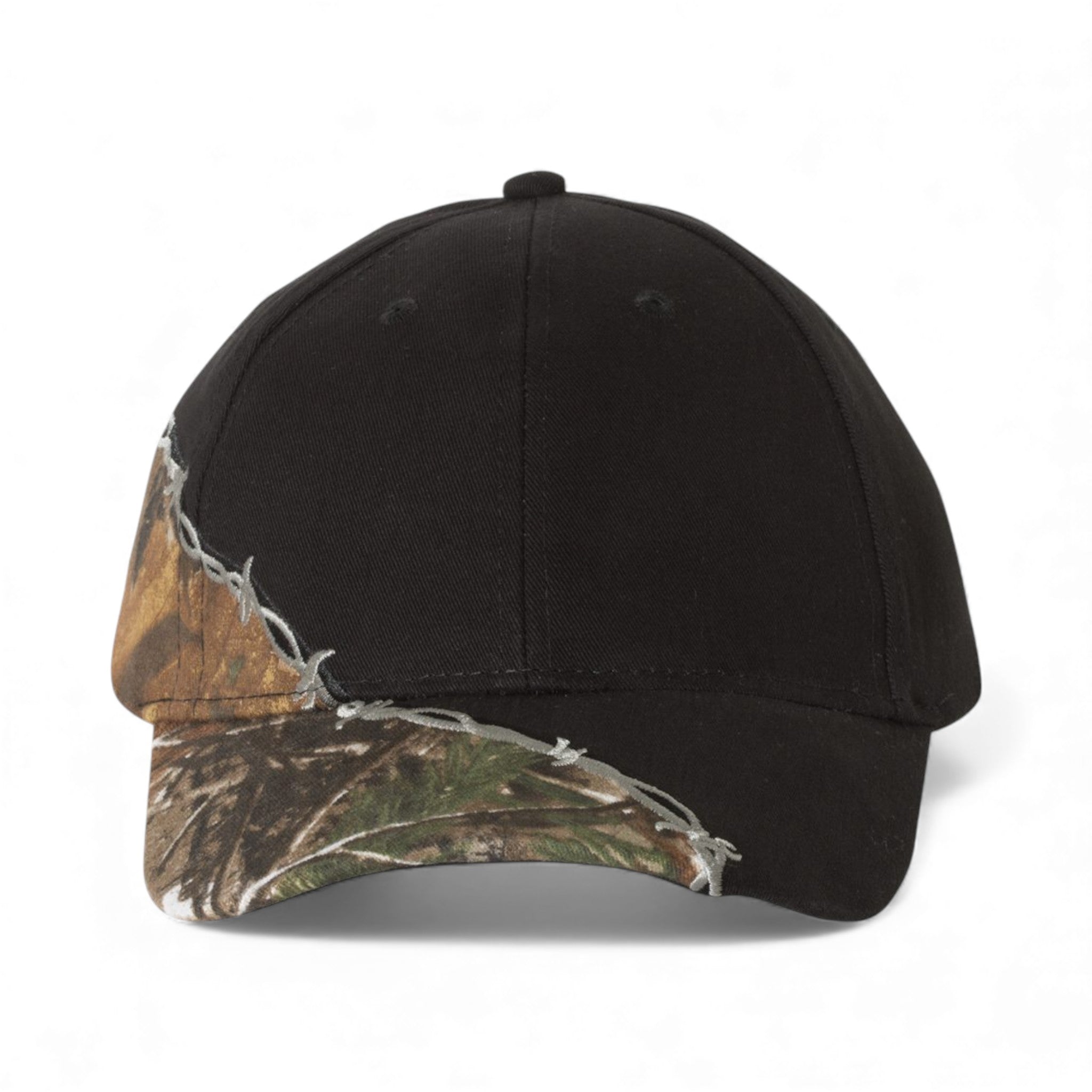 Front view of Kati LC4BW custom hat in black and realtree ap