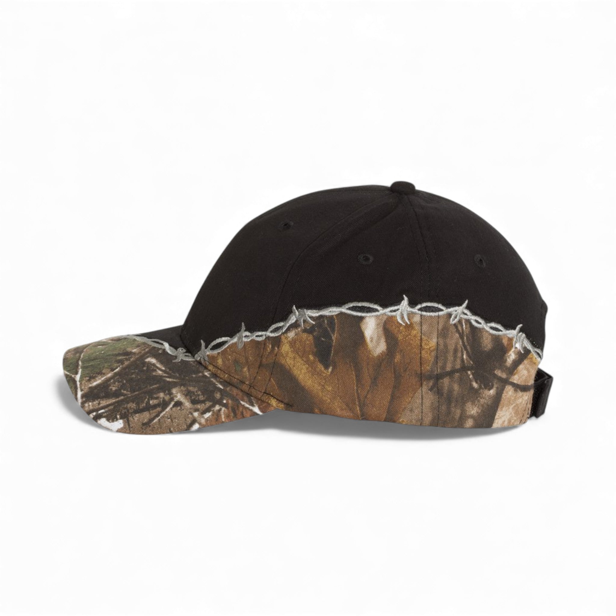Left side view of Kati LC4BW custom hat in black and realtree ap