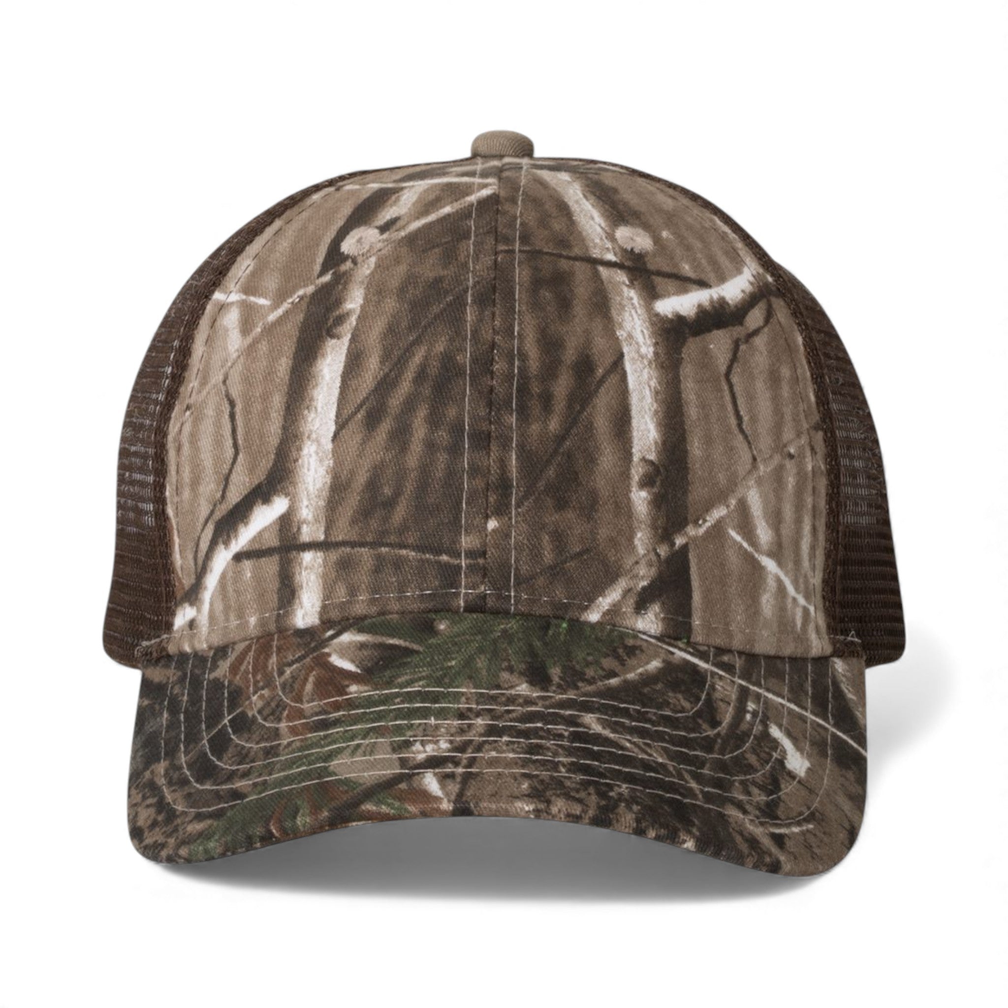 Front view of Kati LC5M custom hat in realtree ap and brown