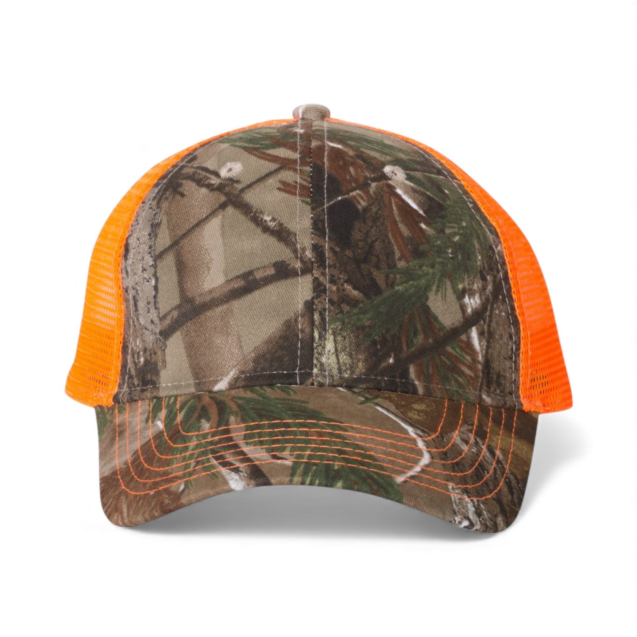 Front view of Kati LC5M custom hat in realtree ap and neon orange