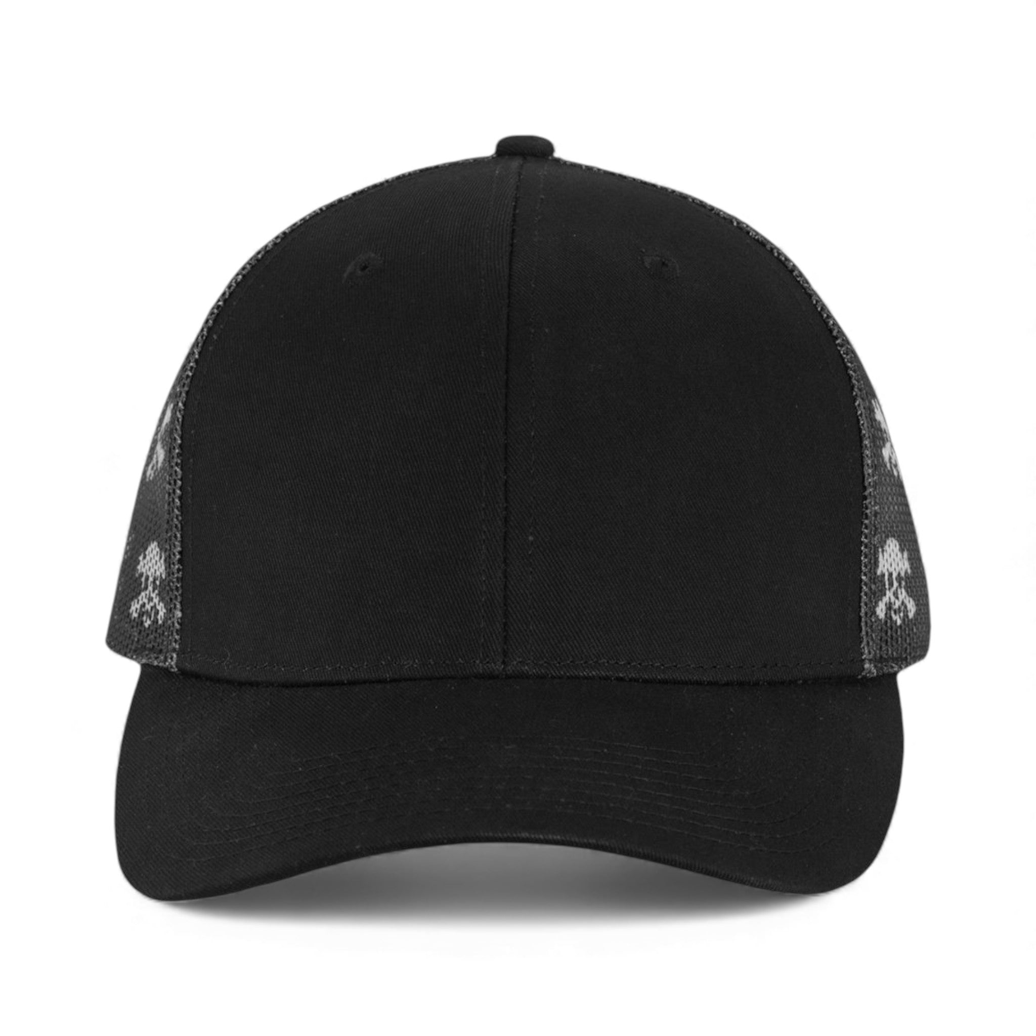 Front view of Kati S700M custom hat in black, black and skull
