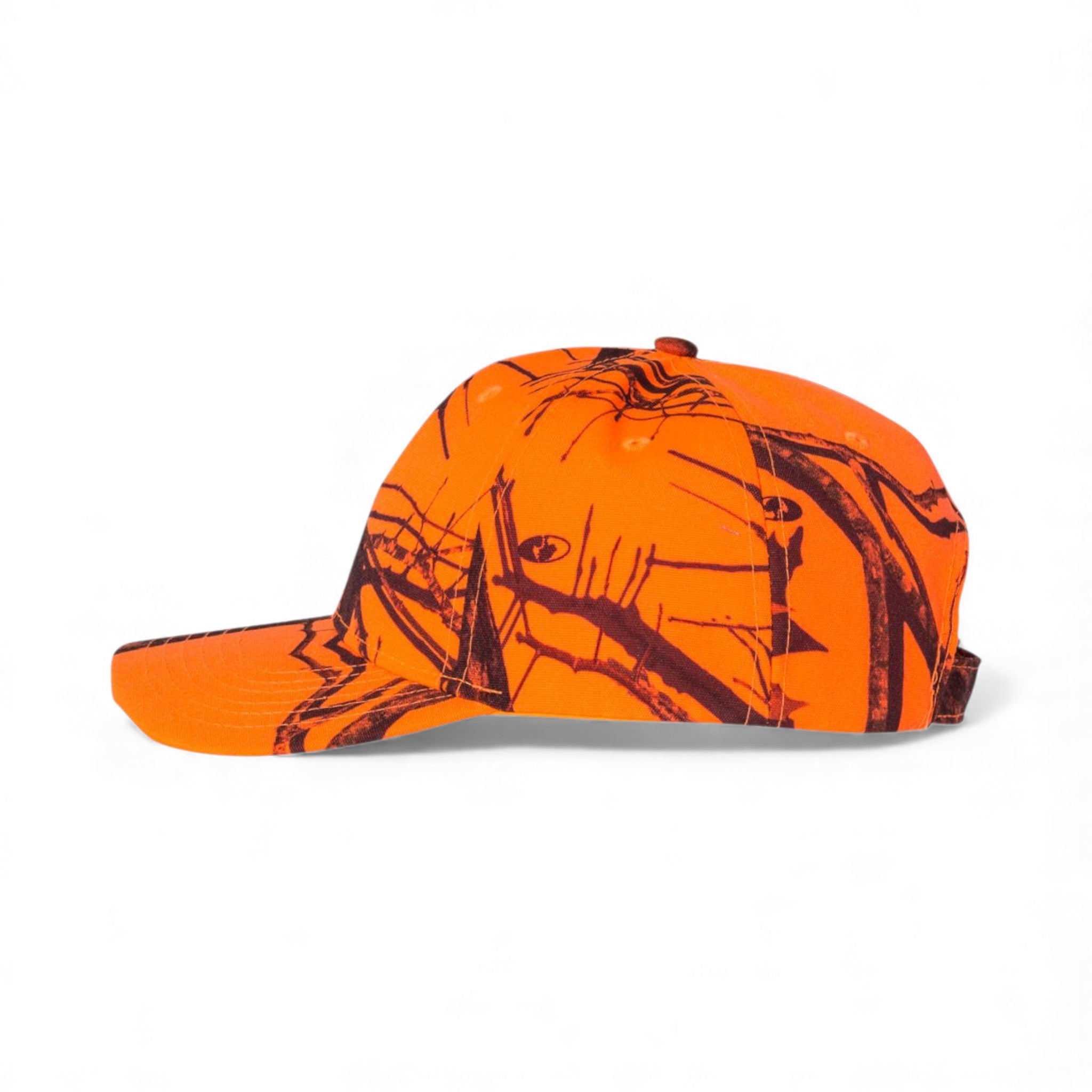 Left side view of Kati SN200 custom hat in mossy oak break-up blaze orange