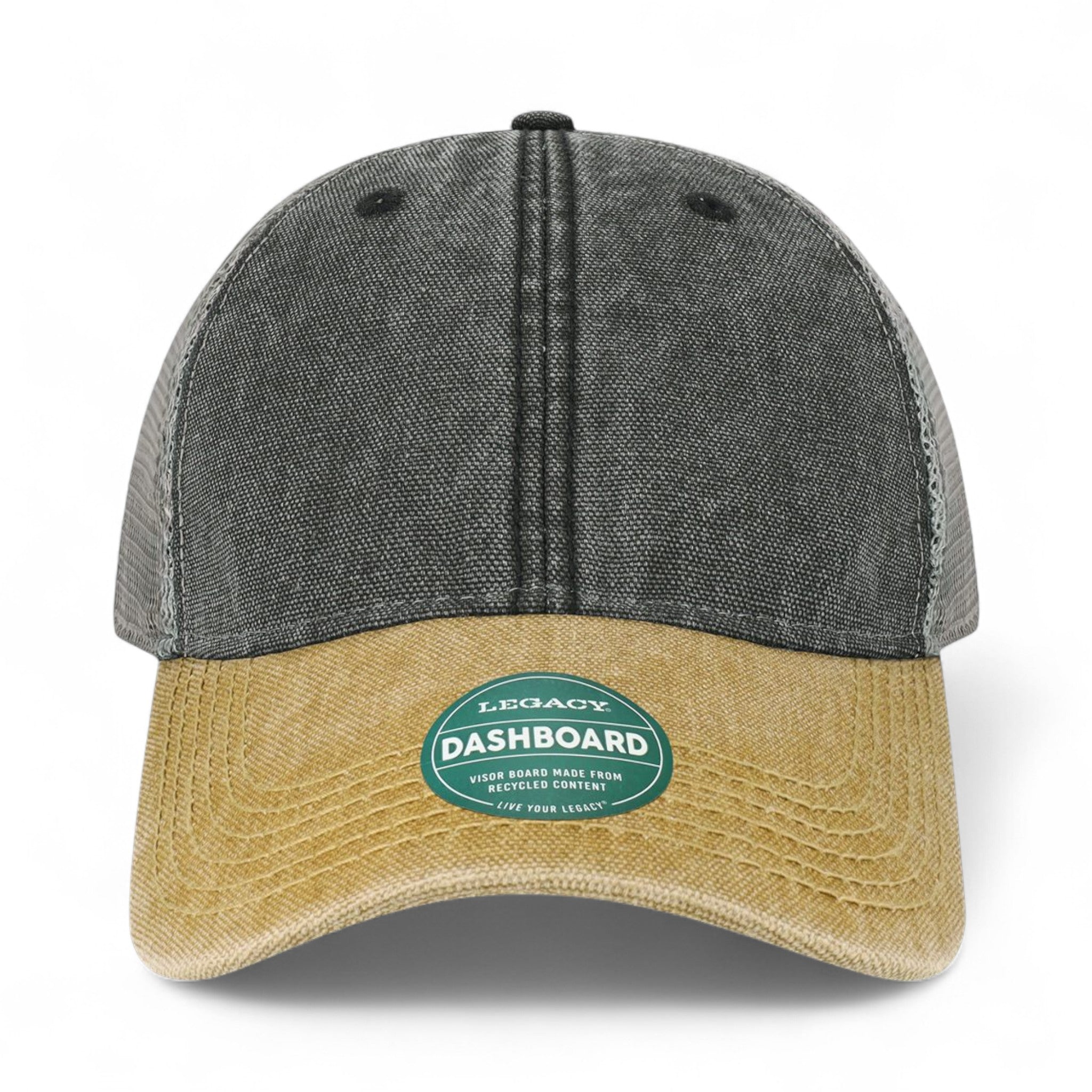 Front view of LEGACY DTA custom hat in black, camel and grey