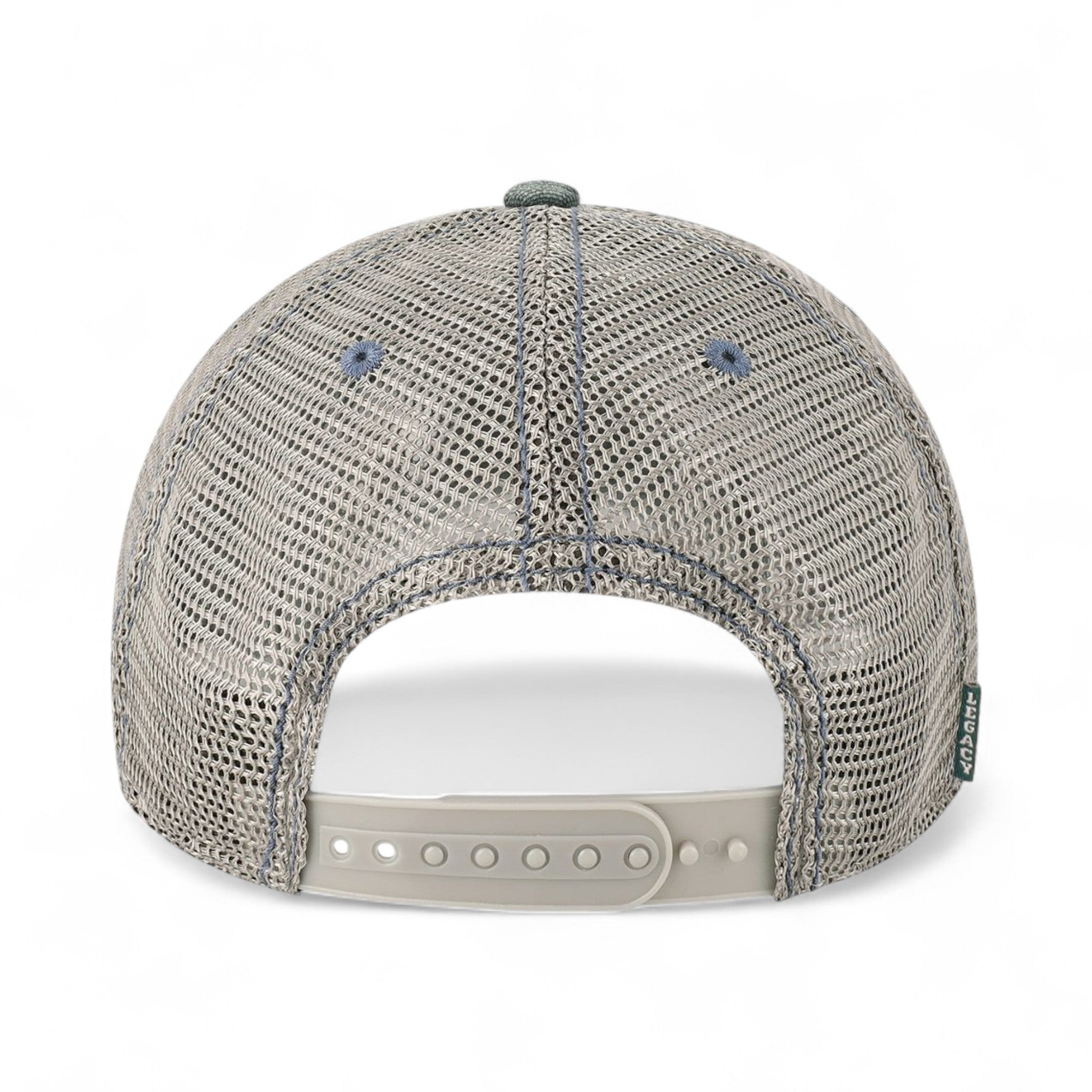 Back view of LEGACY DTA custom hat in blue steel and grey
