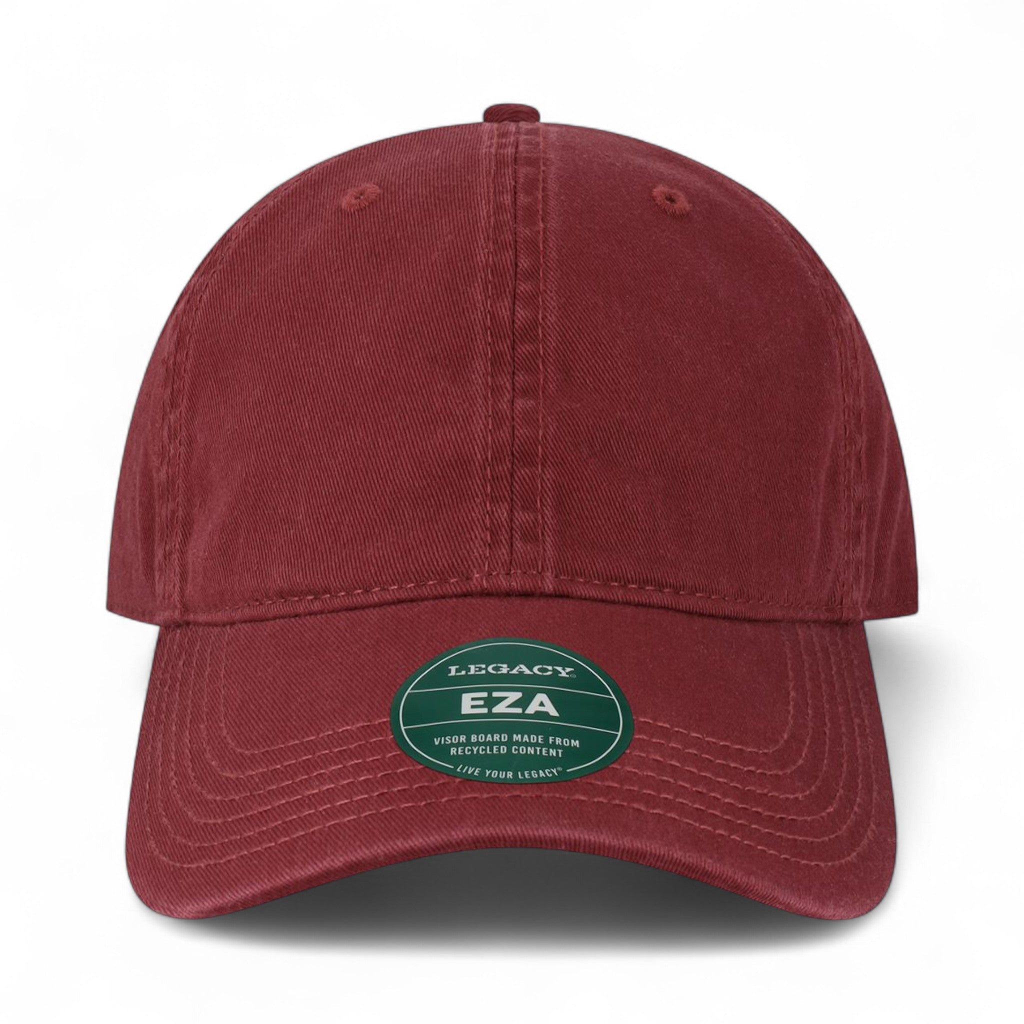 Front view of LEGACY EZA custom hat in burgundy