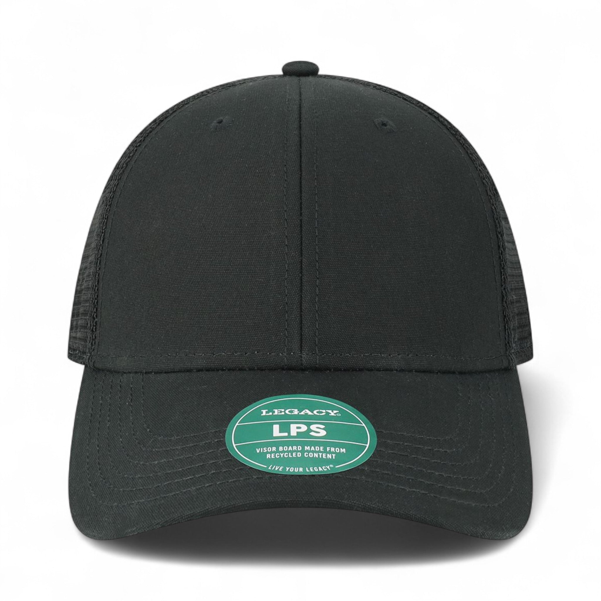 Front view of LEGACY LPS custom hat in black and black