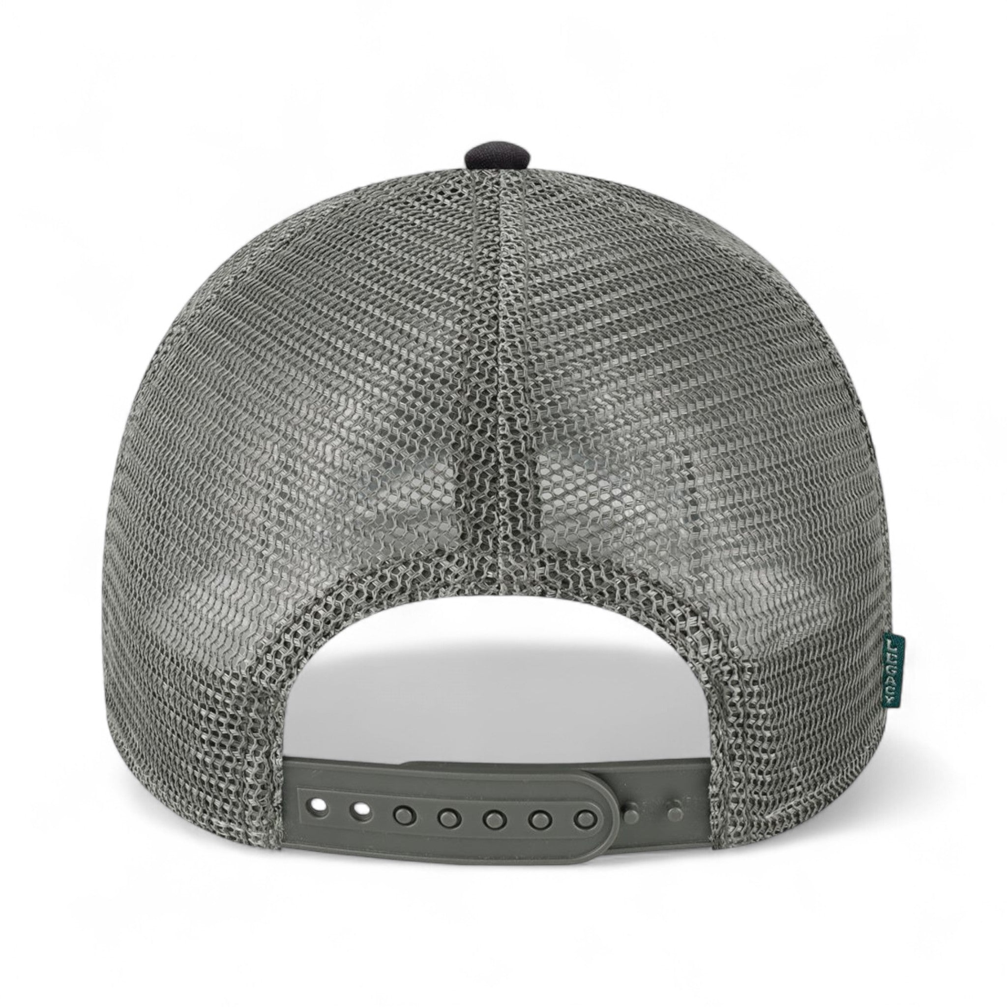 Back view of LEGACY LPS custom hat in black and dark grey