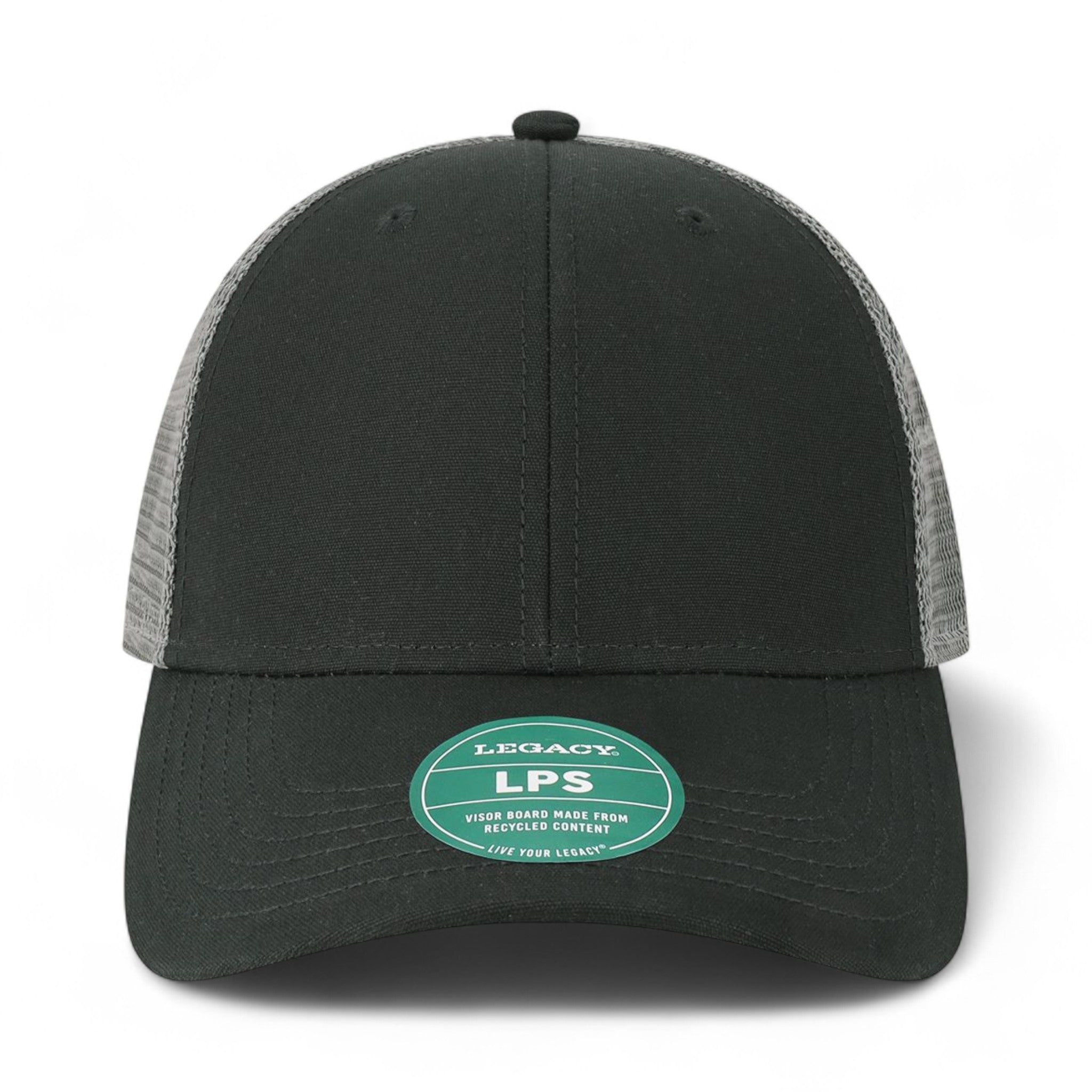 Front view of LEGACY LPS custom hat in black and dark grey