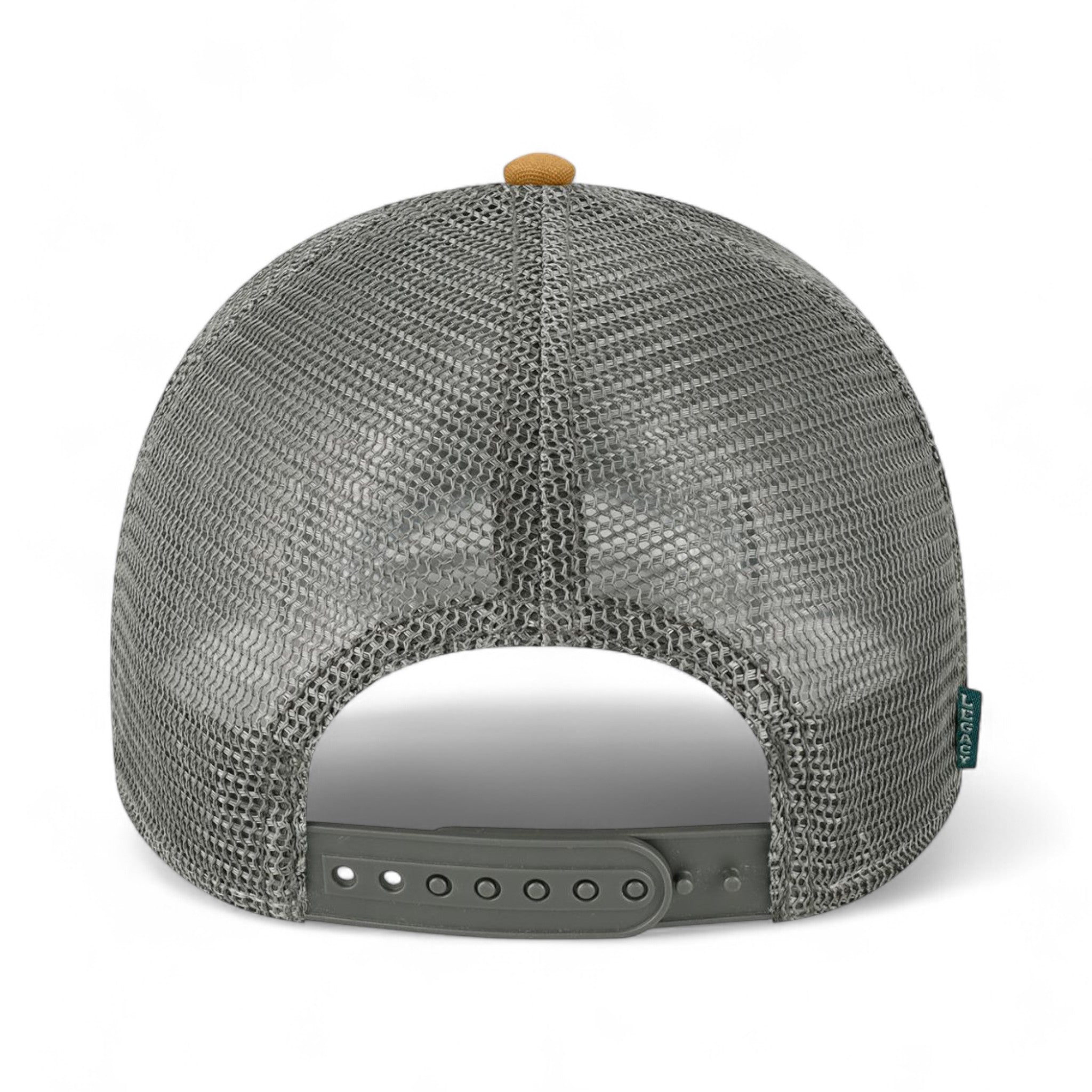 Back view of LEGACY LPS custom hat in caramel and dark grey