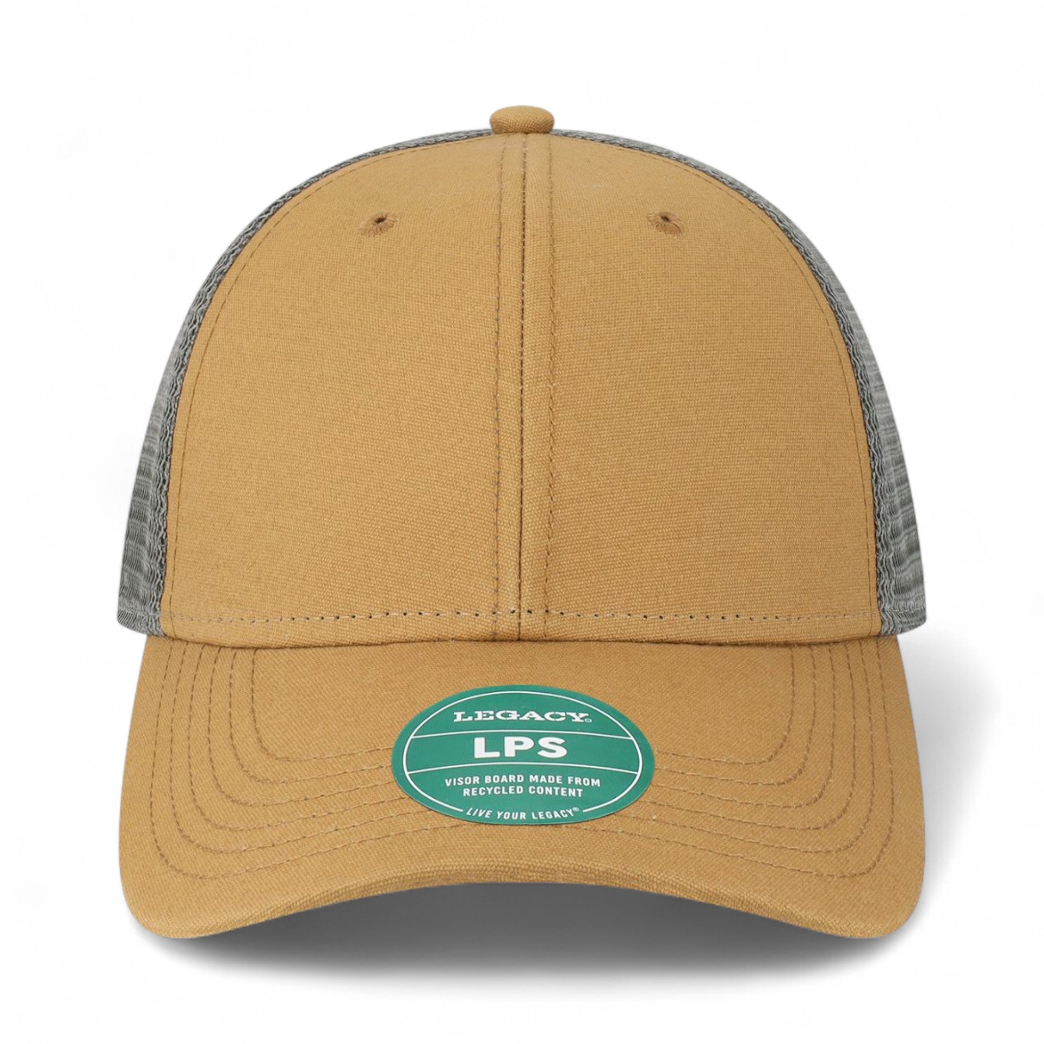 Front view of LEGACY LPS custom hat in caramel and dark grey