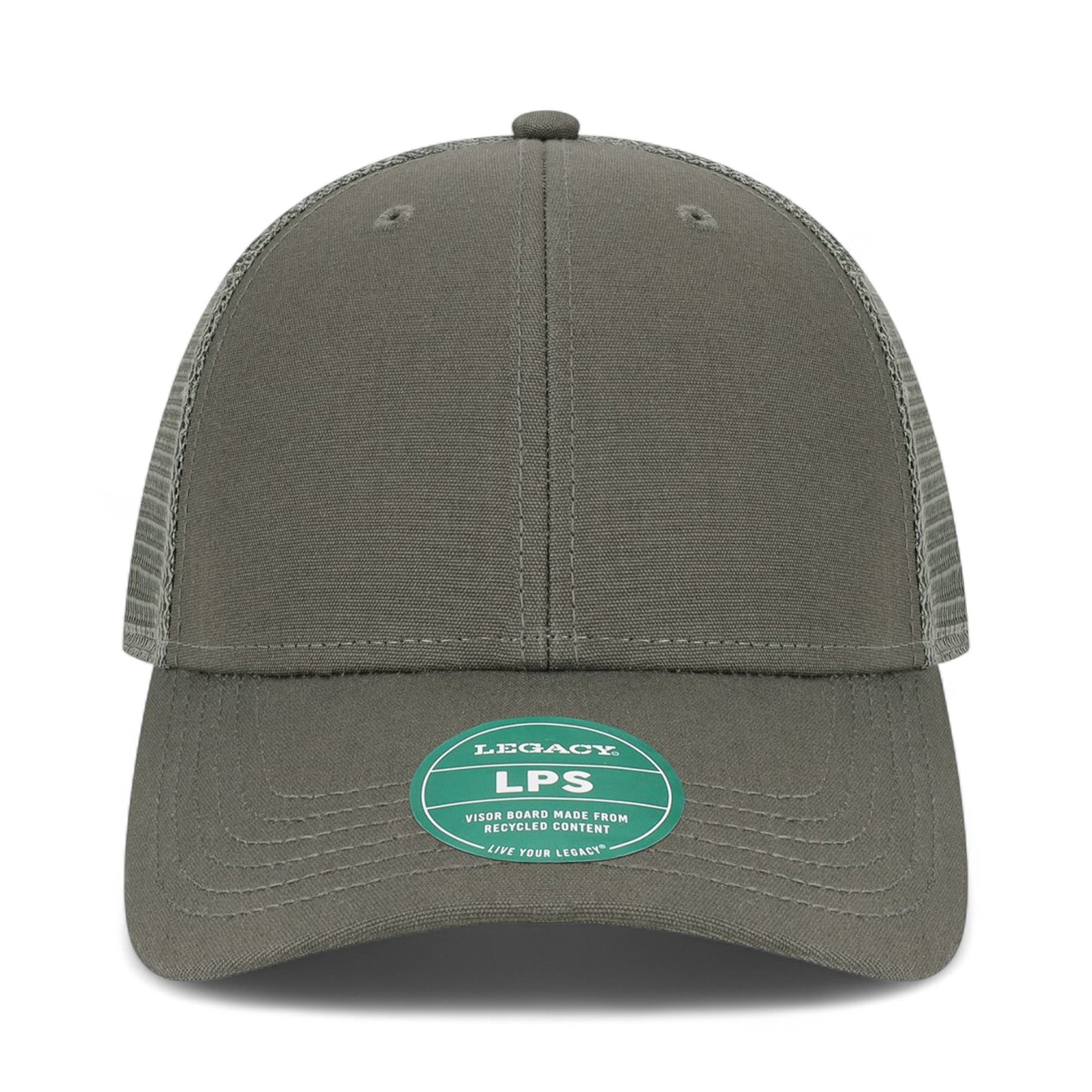 Front view of LEGACY LPS custom hat in dark grey and dark grey