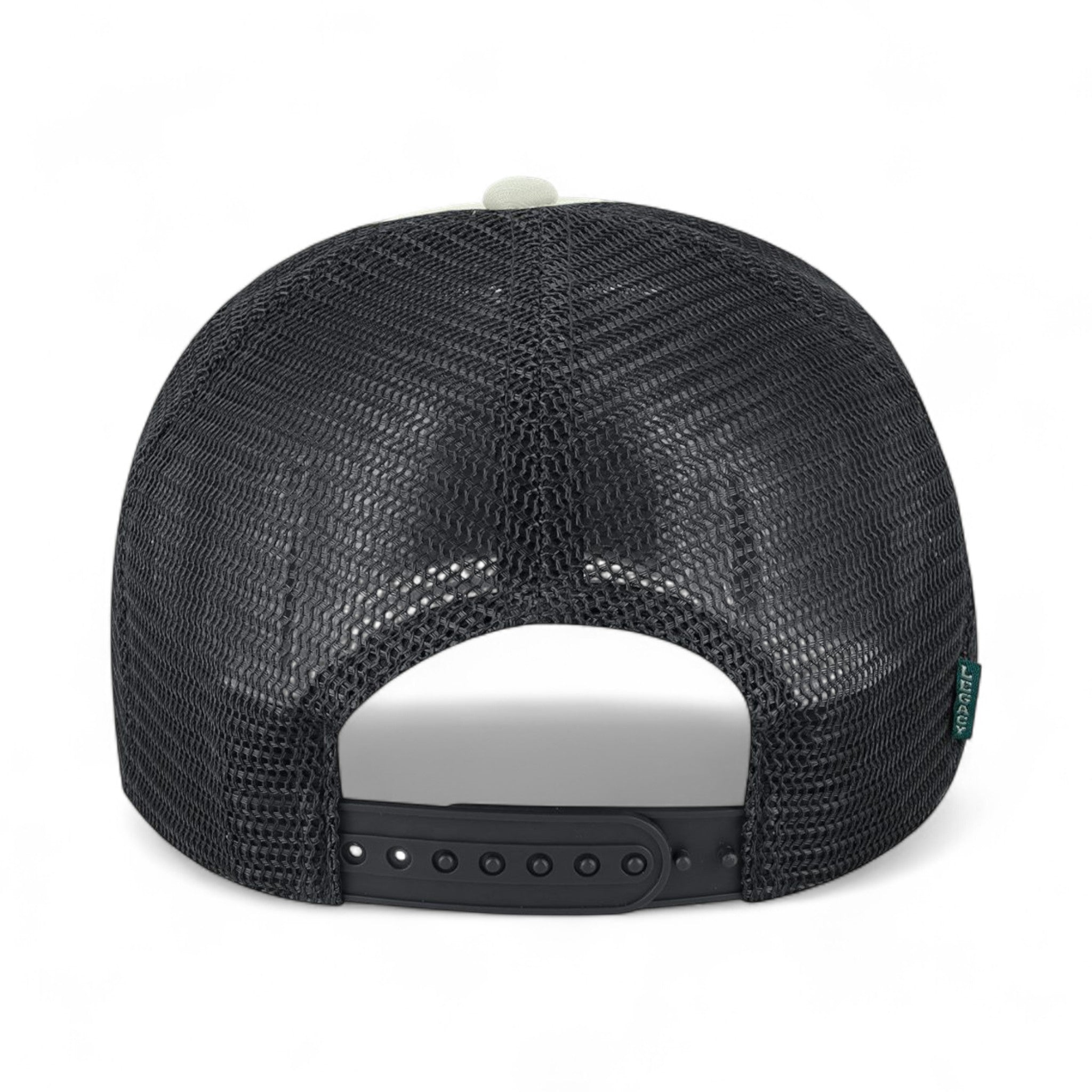 Back view of LEGACY LTA custom hat in cream, green and black