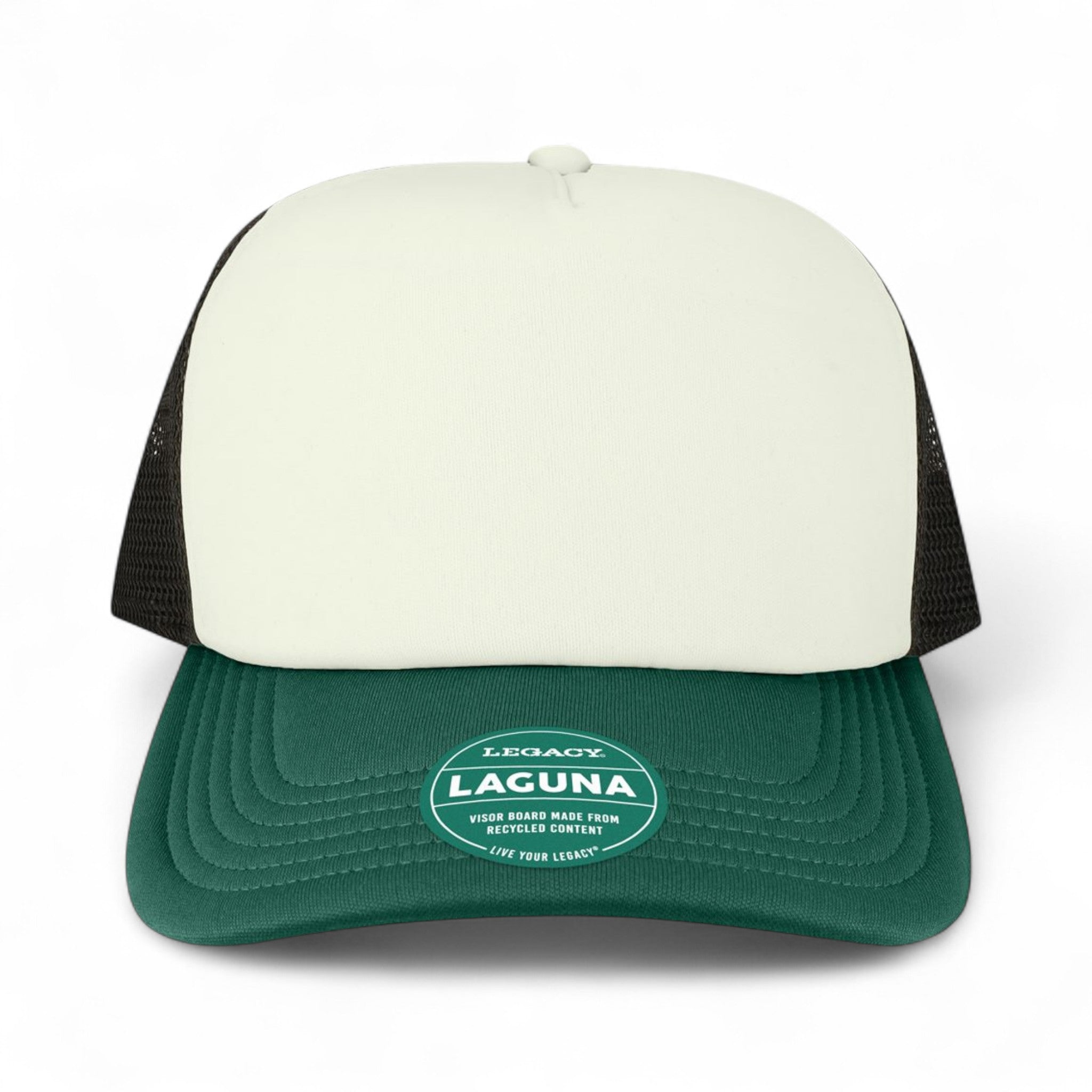 Front view of LEGACY LTA custom hat in cream, green and black