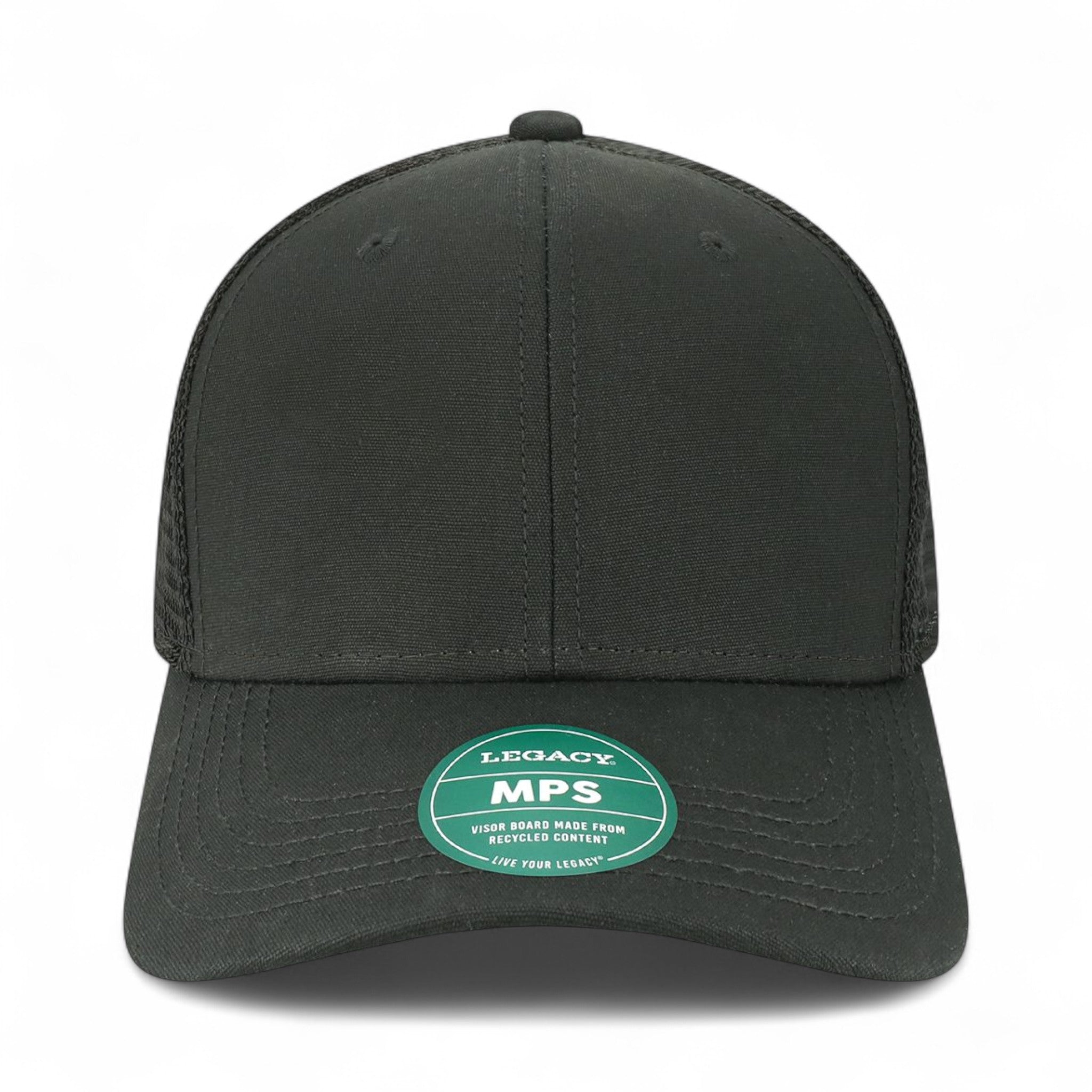 Front view of LEGACY MPS custom hat in black and black