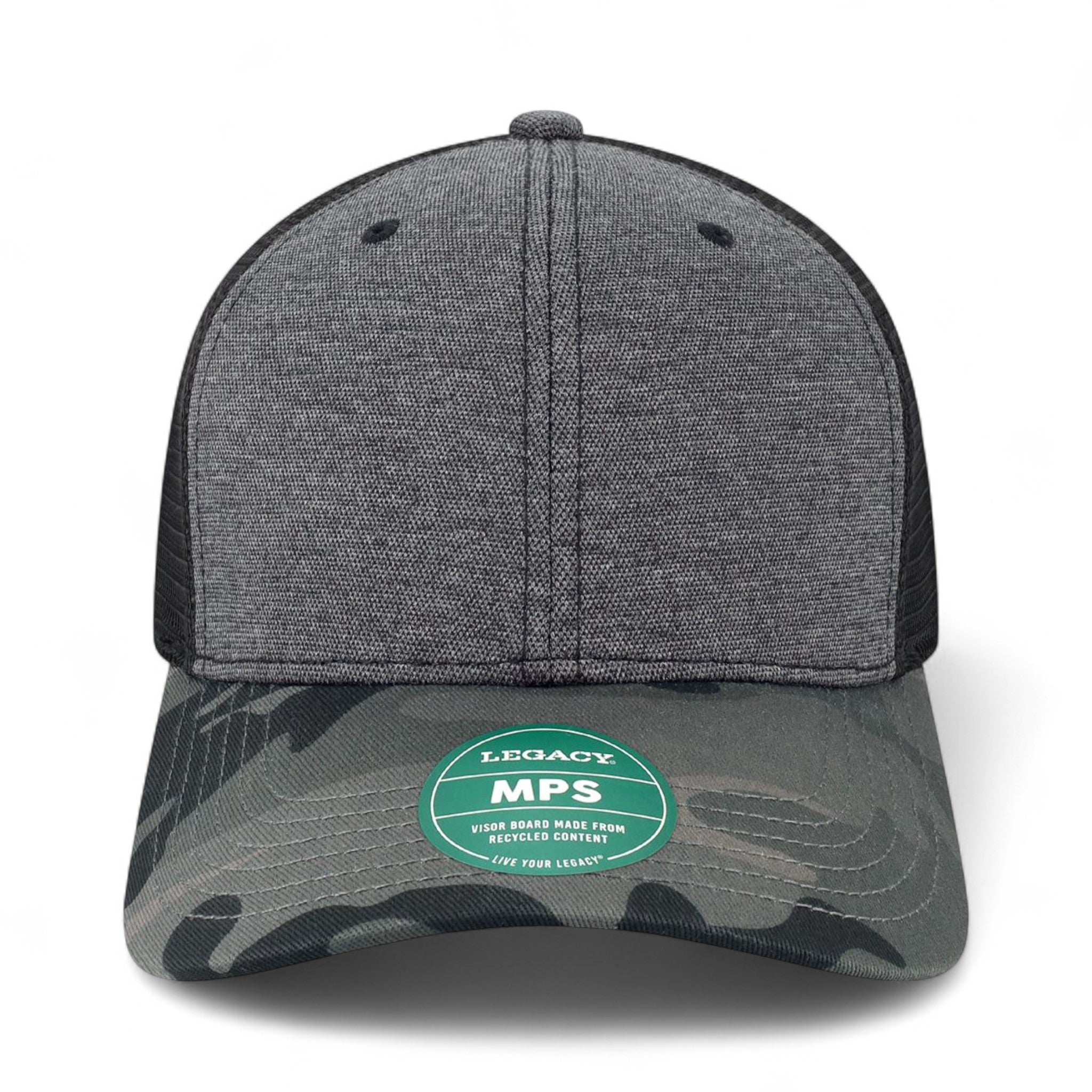 Front view of LEGACY MPS custom hat in black and camo